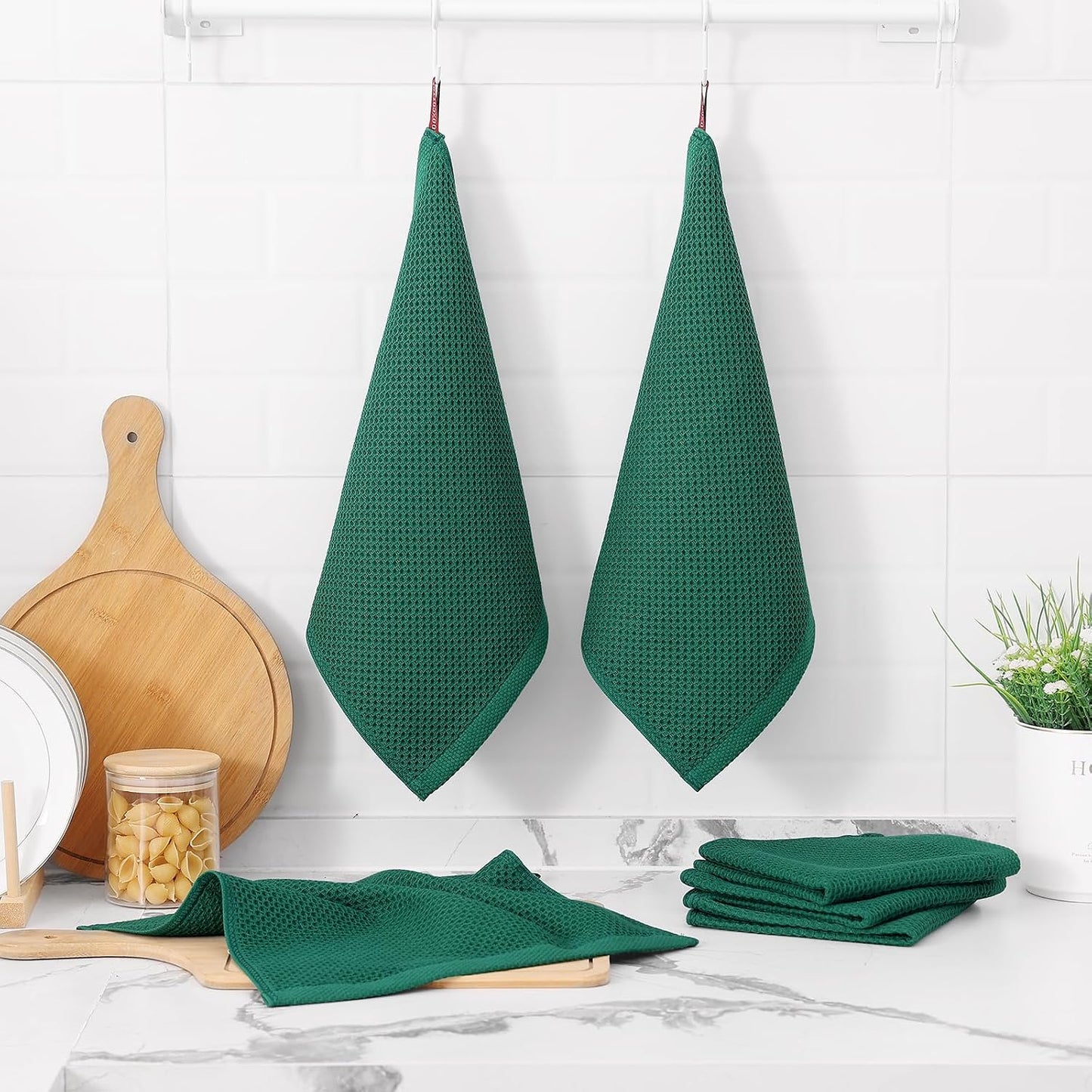Kitinjoy 100% Cotton Waffle 8-Pack Kitchen Towels, 12" x 12", Dark Green | Ultra Absorbent, Super Soft, lightweight