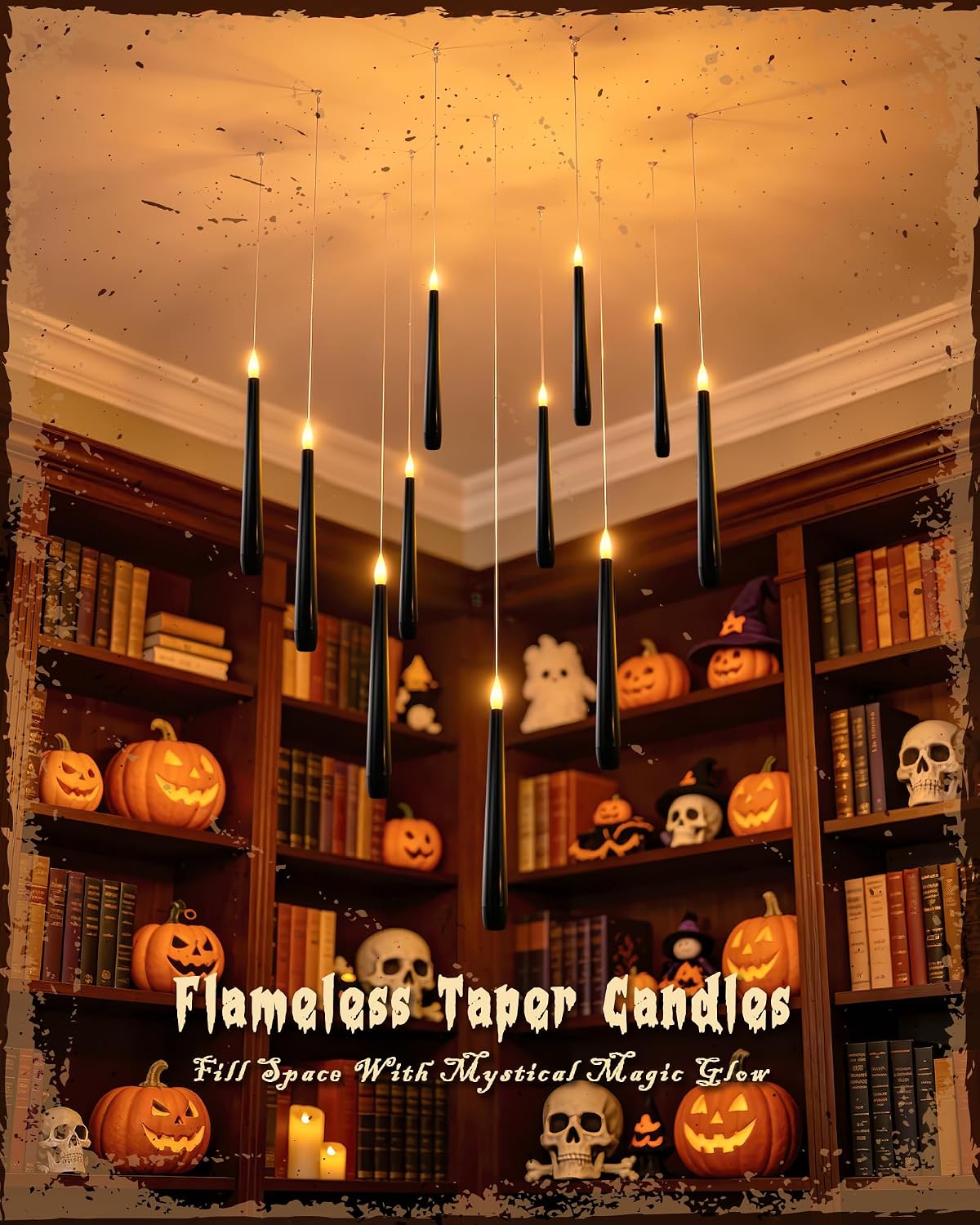 20PCS Black Floating and Hanging Flameless Taper Candles with Wand Remote, Battery Operated Gothic Halloween Candles