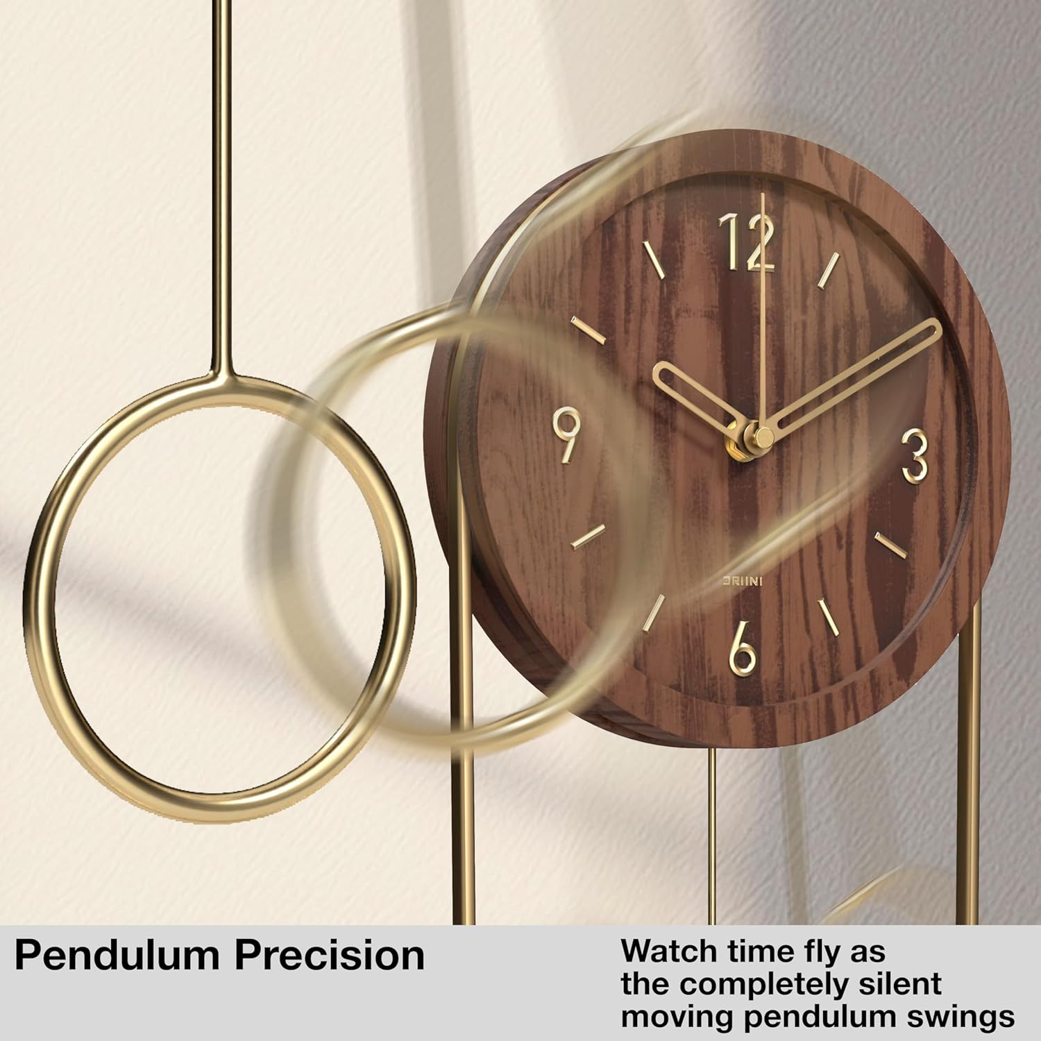 Driini Decorative Wall Clock with Pendulum (Walnut) – Modern Wood, 3D Gold Numbers, Metal Frame – Small, Unique Wall