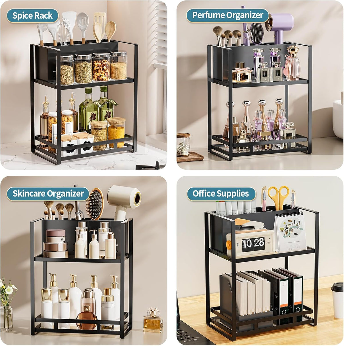 Bathroom Counter Organizer, Metal Vanity Shelf with Hair Dryer Holder | 2-Tier Hair Tool Organizer, Large Capacity