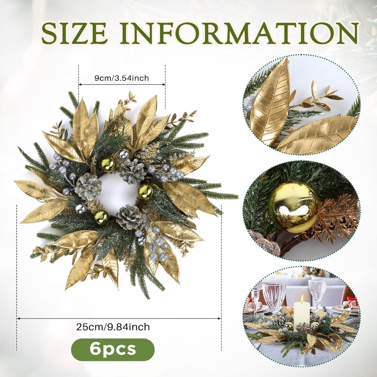 6 Pcs Christmas Candle Rings Wreaths Artificial Pine Wreaths with Christmas Balls Golden Twigs and Silver Berries