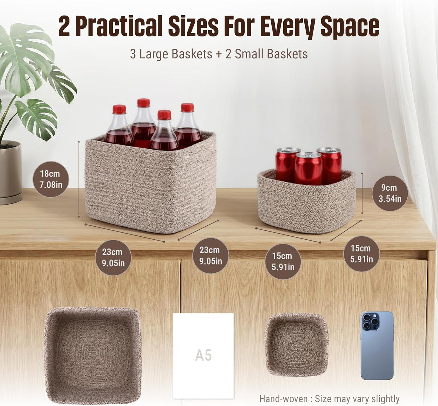 Storage Cubes Woven Rope Baskets / Natural / 9.05*9.05*7.08'' & 5.91*5.91*3.54 / Set of 5