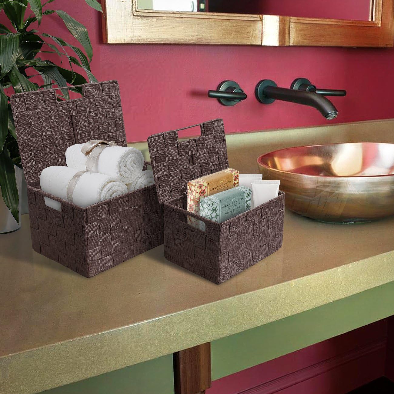 Hand-Woven Storage Baskets / Lid Bins / Chocolate / Set of 3