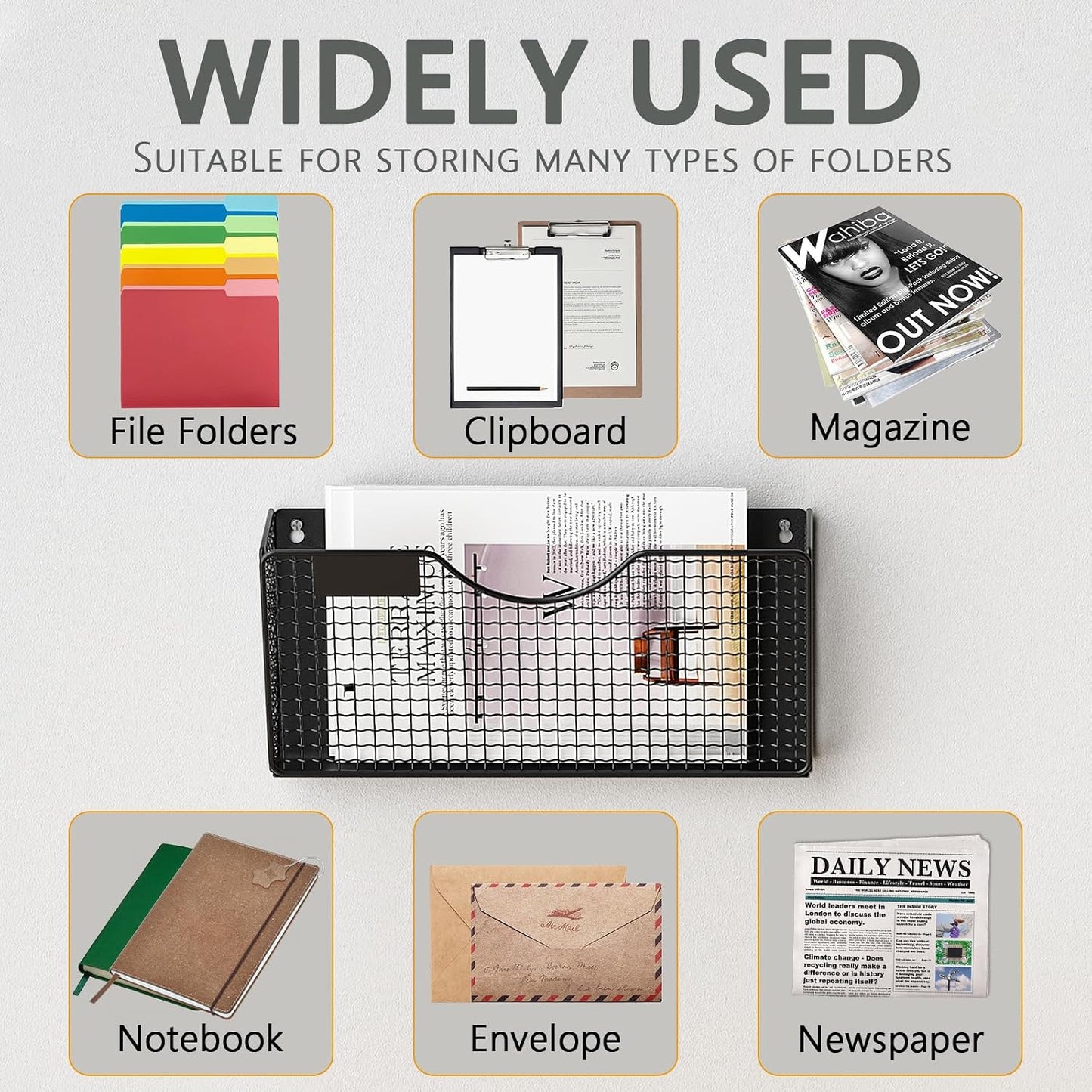MFTEK Magnetic File Holder, 4 Pockets Magnetic File Folder Holder No Drilling Magnet Paper Mail Organizer Magazine