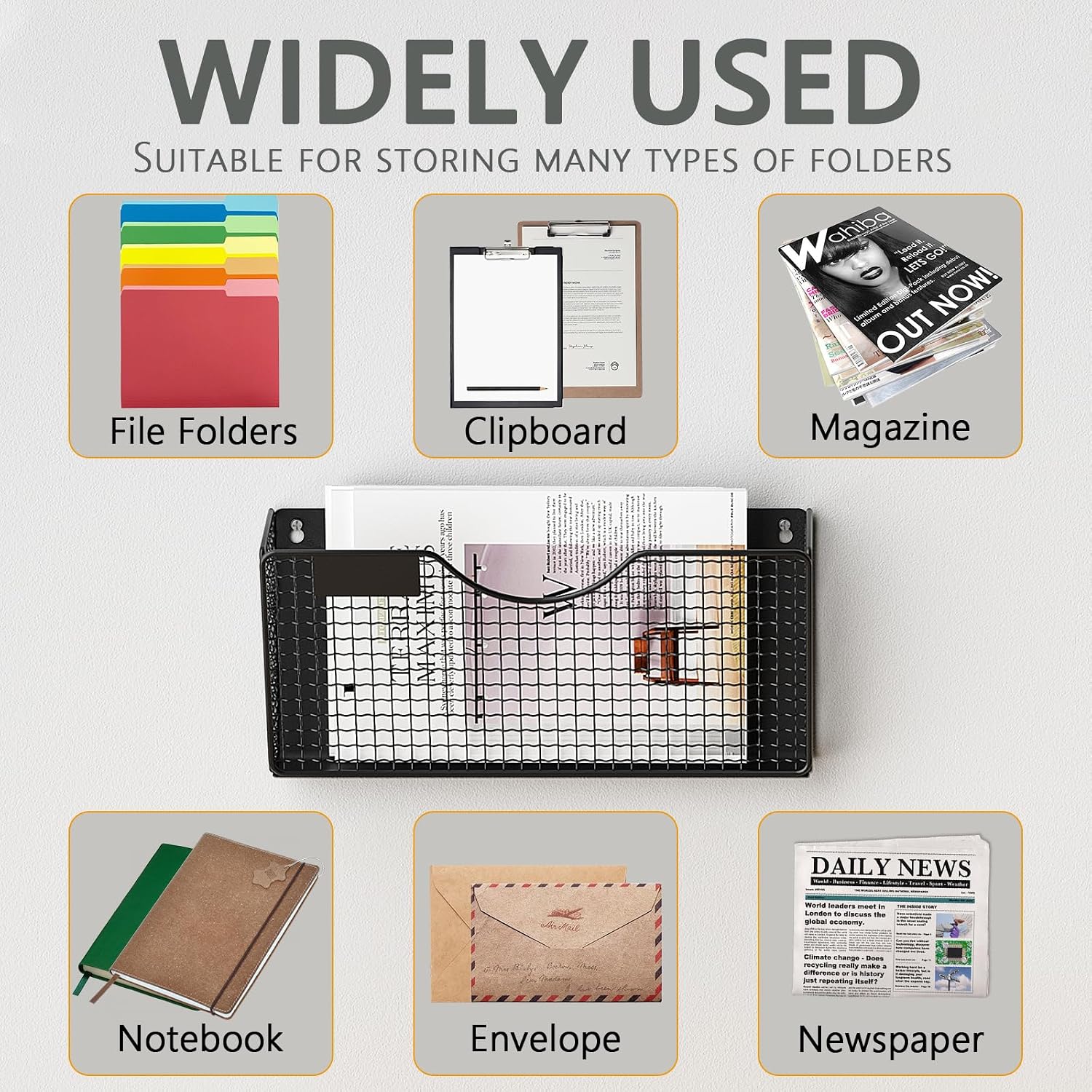 MFTEK Magnetic File Holder, 4 Pockets Magnetic File Folder Holder No Drilling Magnet Paper Mail Organizer Magazine