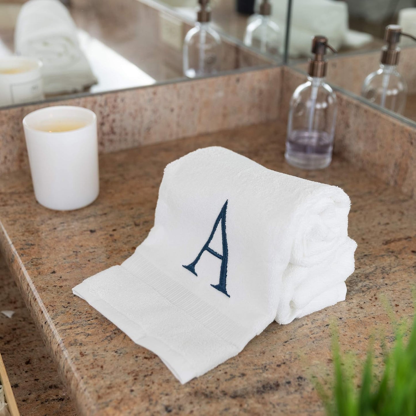 White with Navy Monogrammed Hand Towels for Bathroom - Set of 2 Letter A | Luxury Hotel Quality Initial Towels For