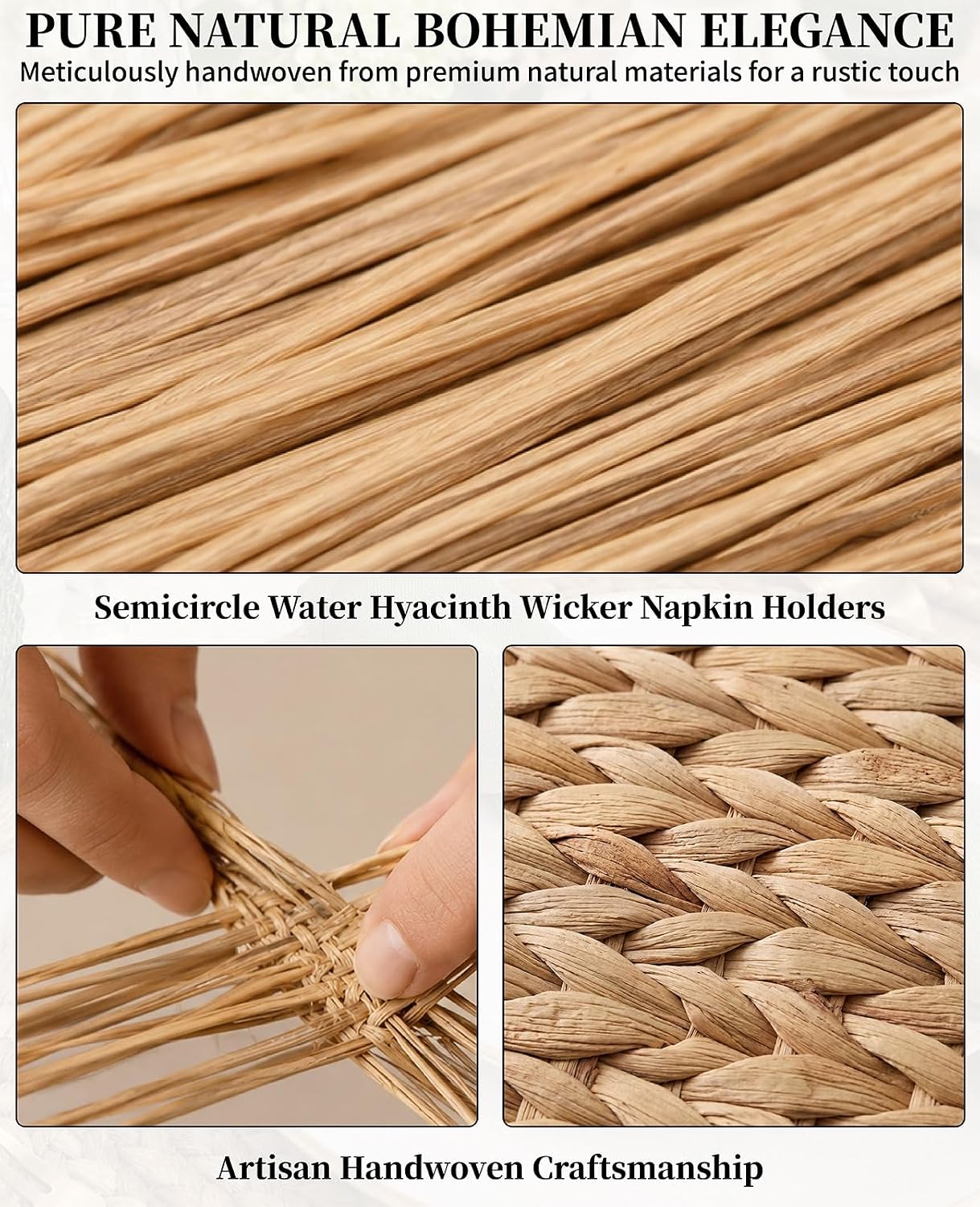 Handwoven Semicircle Water Hyacinth Wicker Napkin Holders for Rustic Boho Farmhouse Table