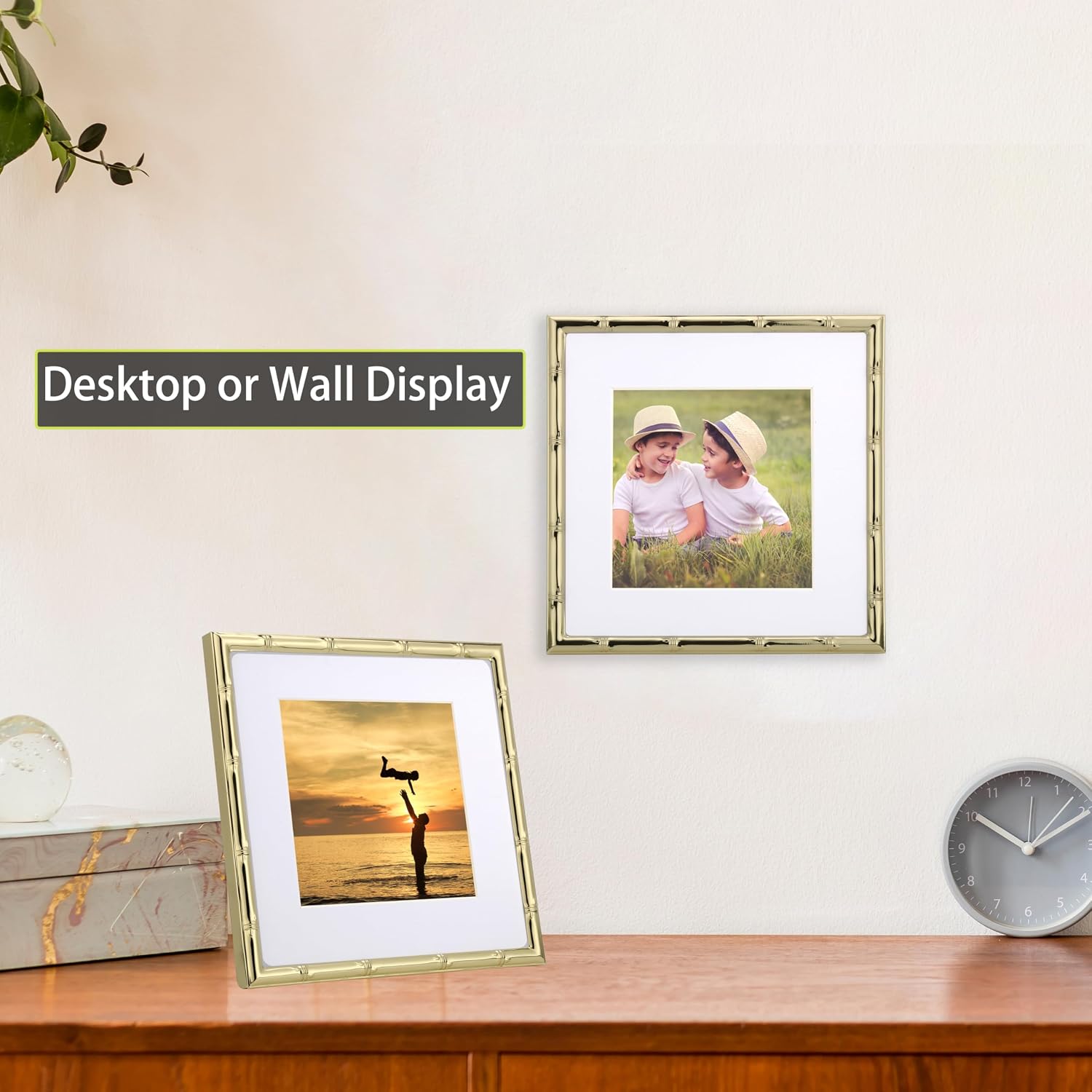 YiPinYin 6x6'' Sqaure Gold Metal Picture Frame With Mat for 4x4'' Set of 2, Bamboo Detail Designs Gold Plated Photo