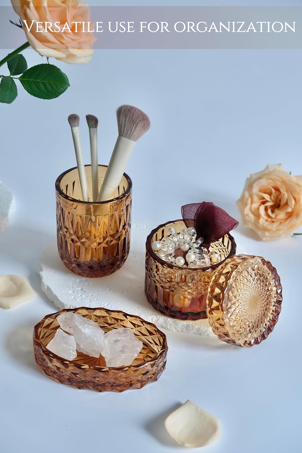 LaMarriti Amber Bathroom Accessories Set, 5Pcs Clear Glass Bathroom Set | Toothbrush Holder Set, Soap Dispenser, Soap
