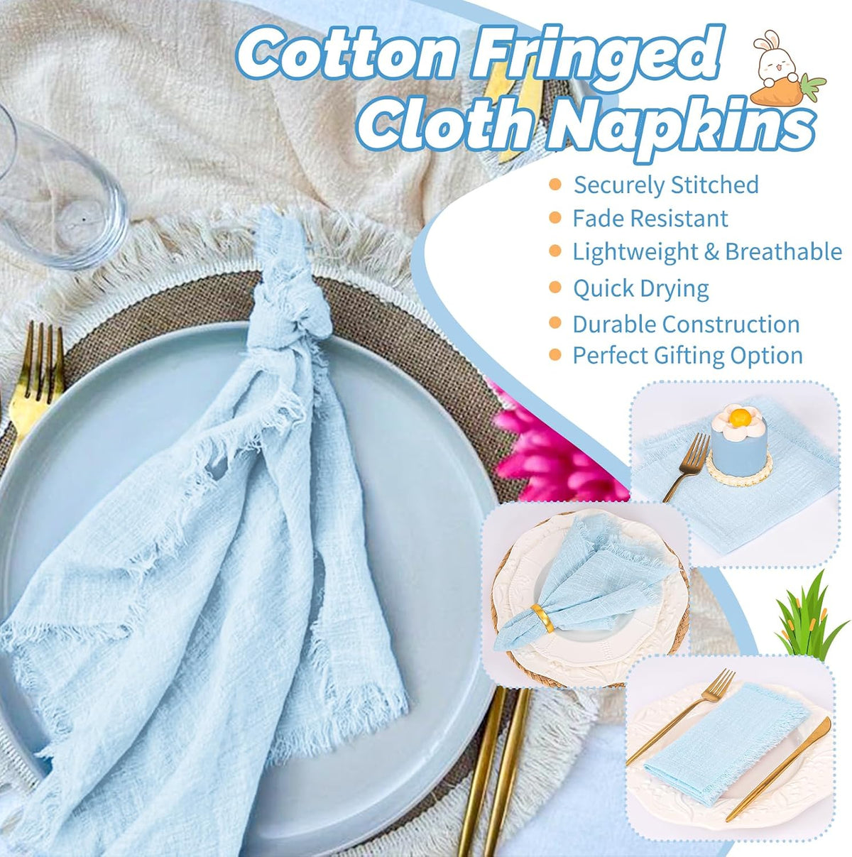 Showgeous 30 Pack Light Blue Cloth Napkins with Fringe, 16x16 inch | 100% Cotton Blue Napkins Handmade Dinner Napkins