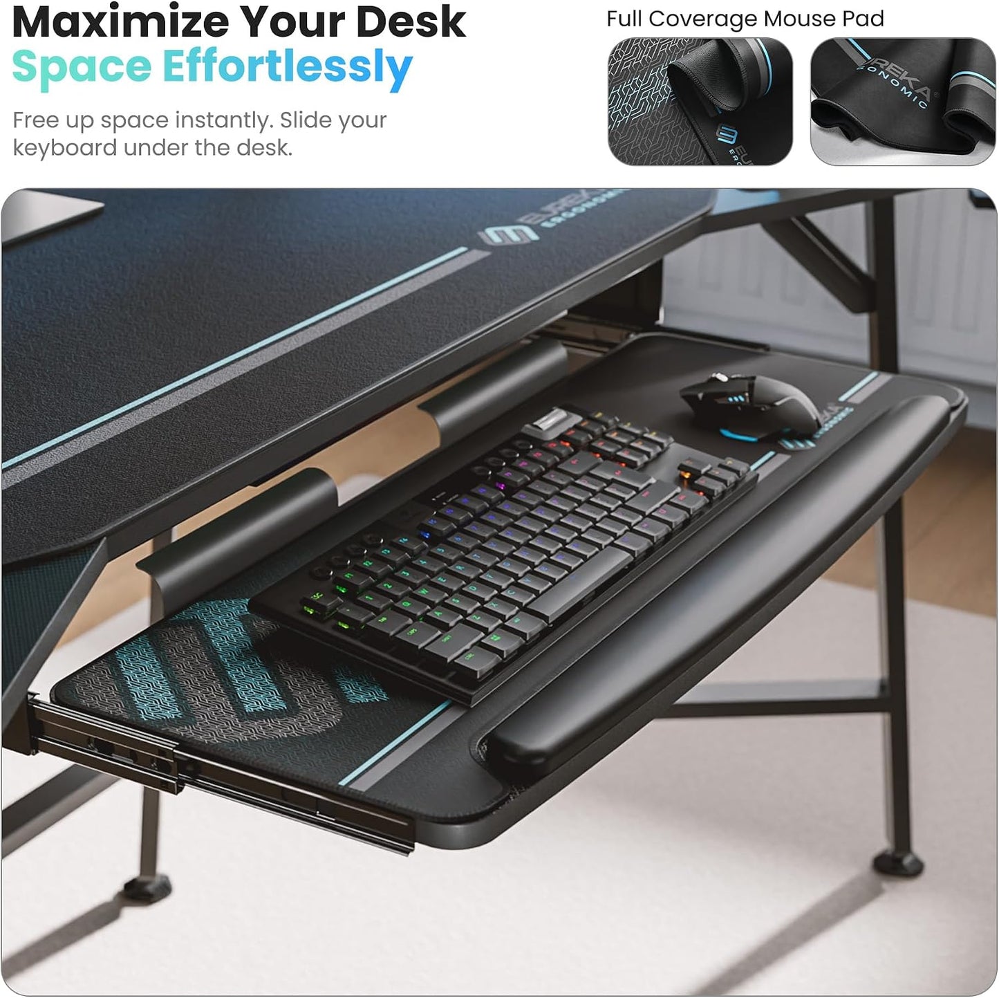 EUREKA ERGONOMIC Gaming Desk Wing Shaped Keyboard Tray 72 Inch Black | LED monitor stand with dual headphone hooks and