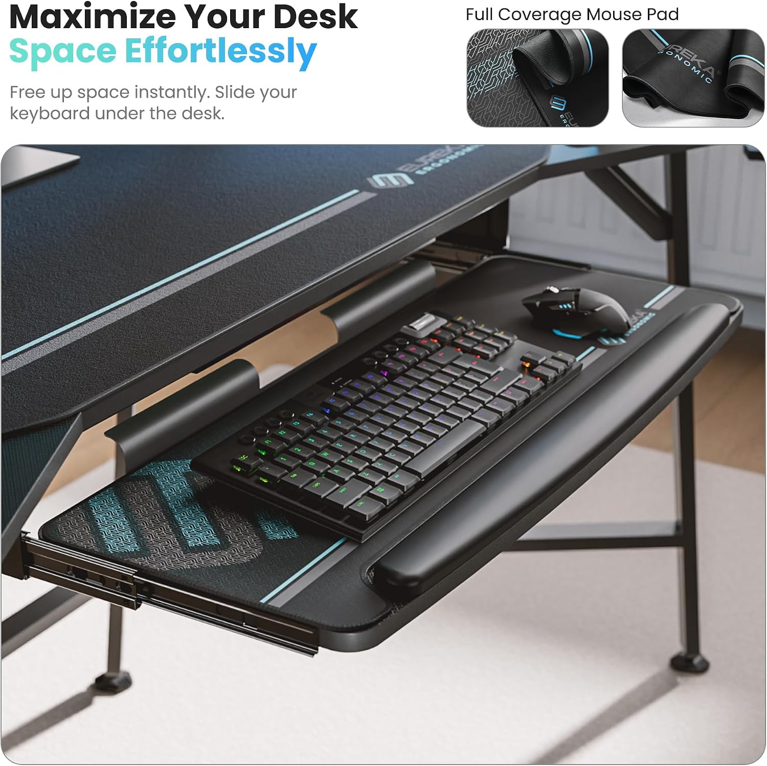 EUREKA ERGONOMIC Gaming Desk Wing Shaped Keyboard Tray 72 Inch Black | LED monitor stand with dual headphone hooks and