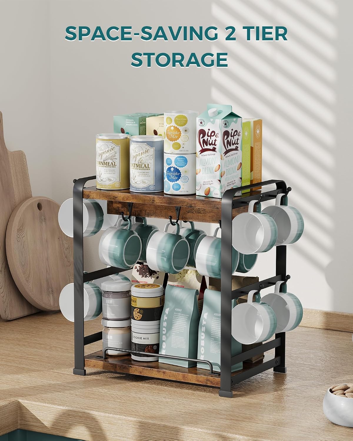 OROPY Coffee Mug Holder Countertop, Mug Rack 2 Tier Shelf & 14 Mug Hooks | Wooden Coffee Bar Station Organizer