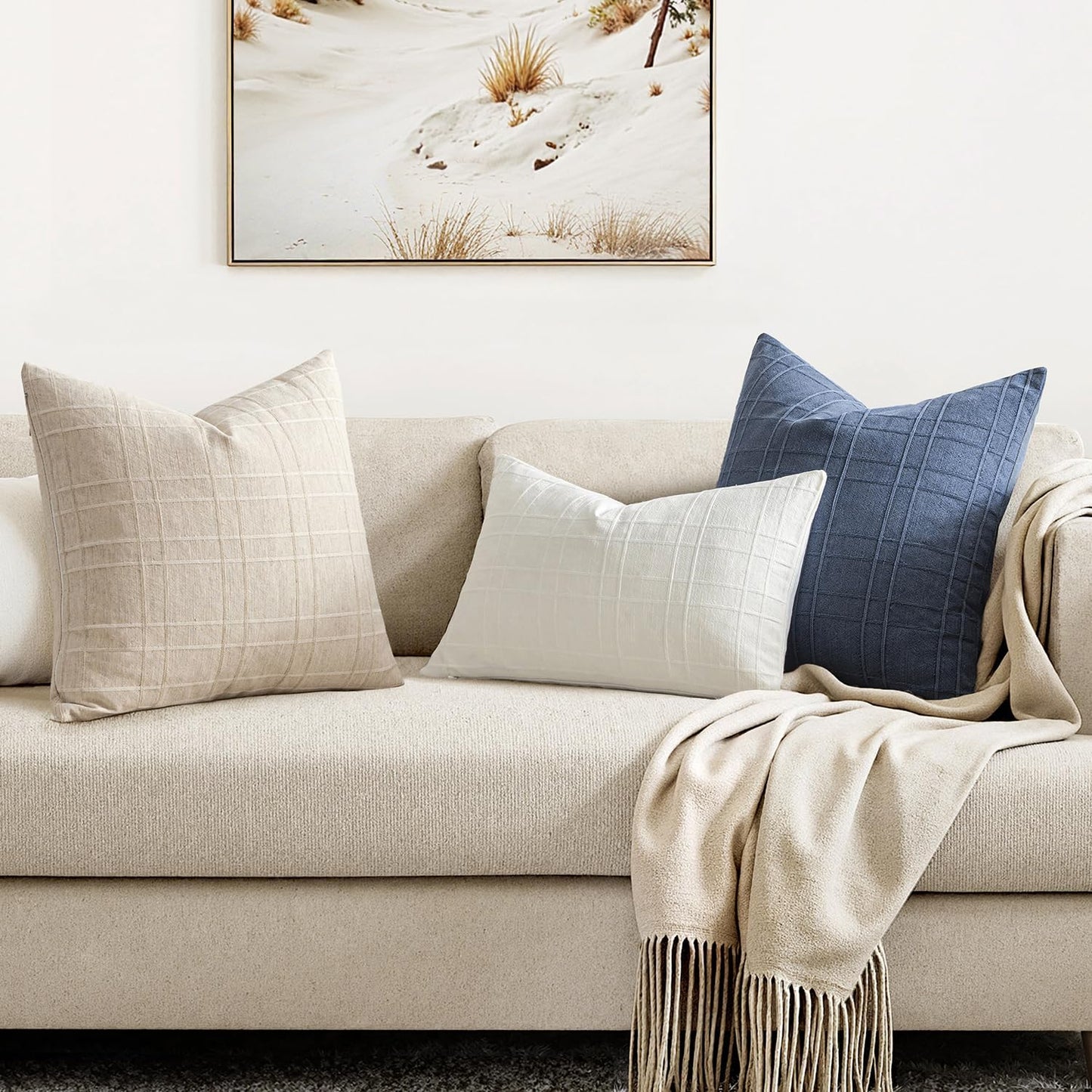 Decorative Linen Check Throw Pillow Covers Neutral Farmhouse / 18 x 18 / Cream White / Set of 2