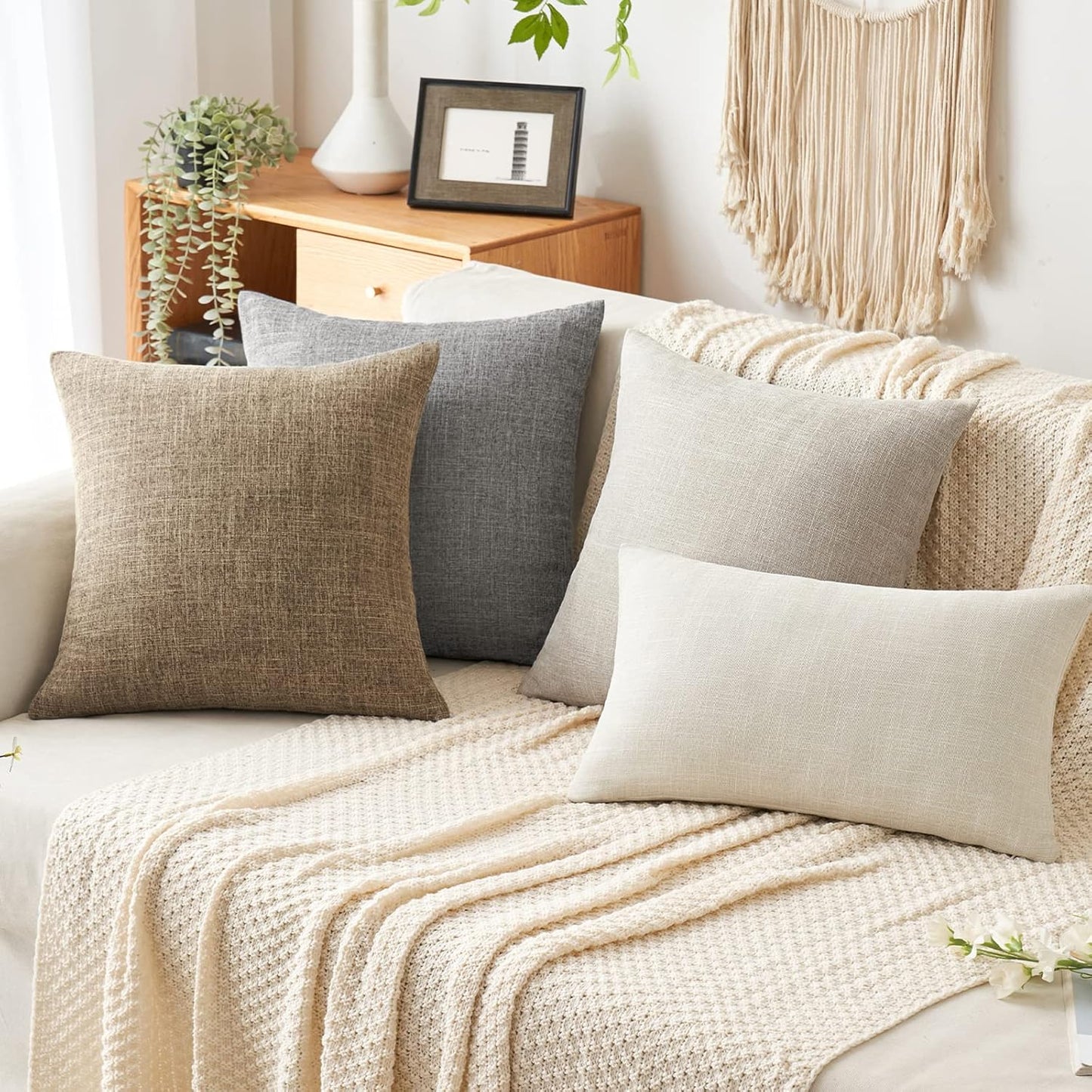Decorative Linen Burlap Pillow Covers Farmhouse Boho Accent Pillowcases / 18 x 18 / Brown / Set of 2