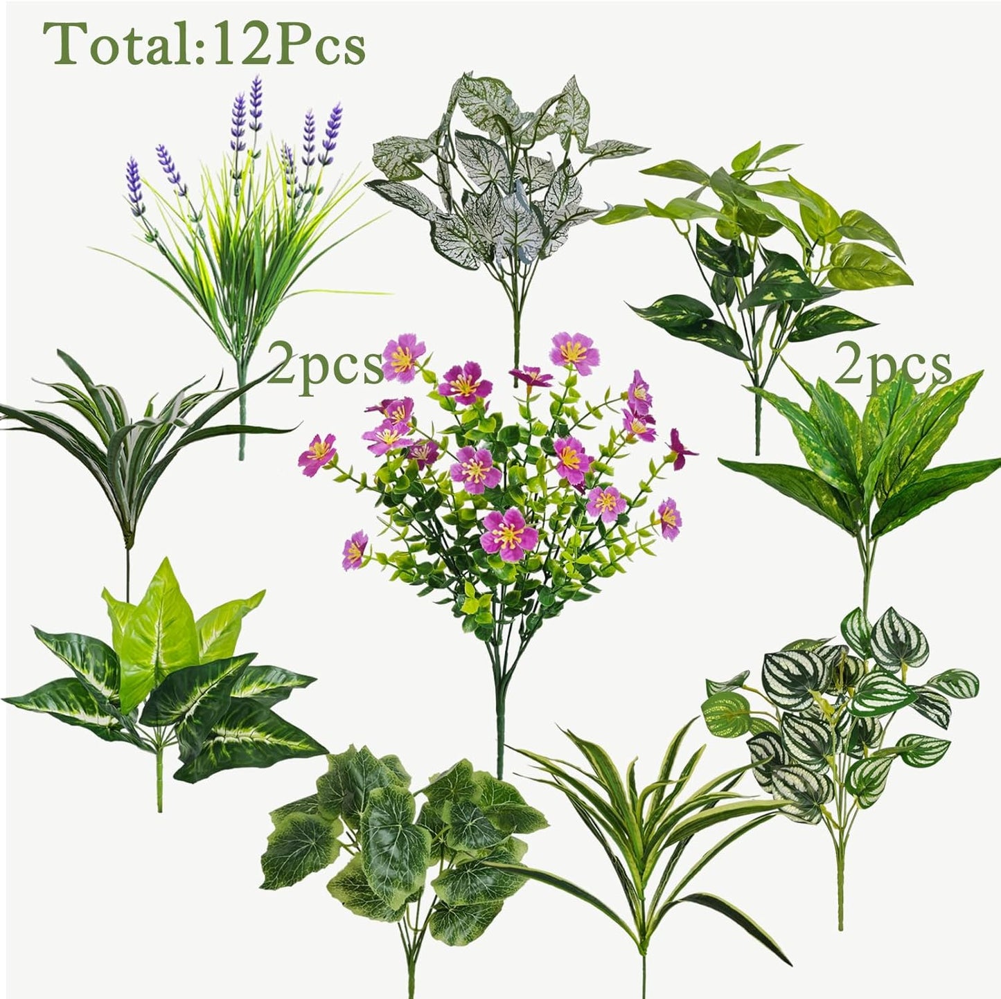 Artificial Plants / Green Plants with Flowers / Set of 12