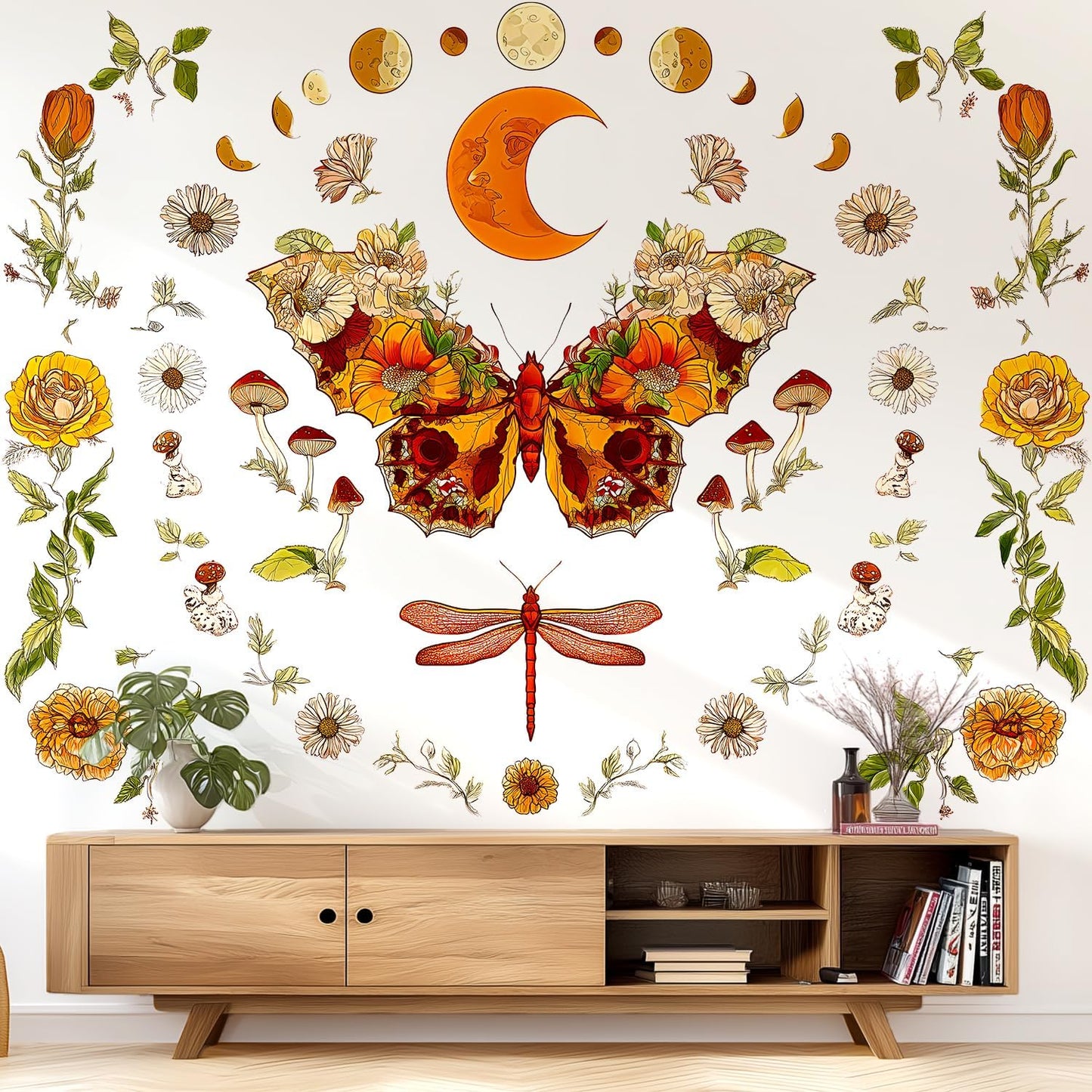 Boho Flowers Butterfly Wall Decals Peel and Stick / Brown, Orange, Green, Beige, Multicolor