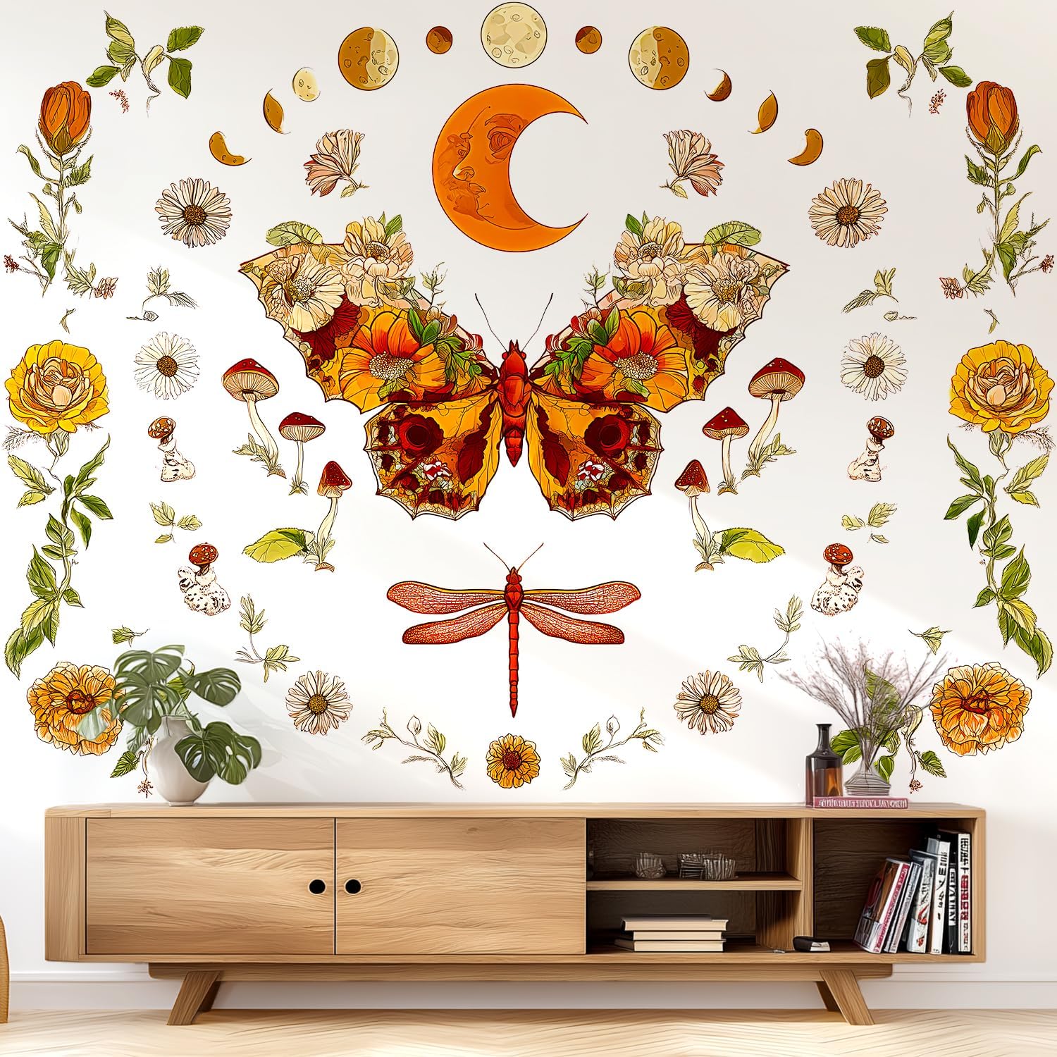 Boho Flowers Butterfly Wall Decals Peel and Stick / Brown, Orange, Green, Beige, Multicolor
