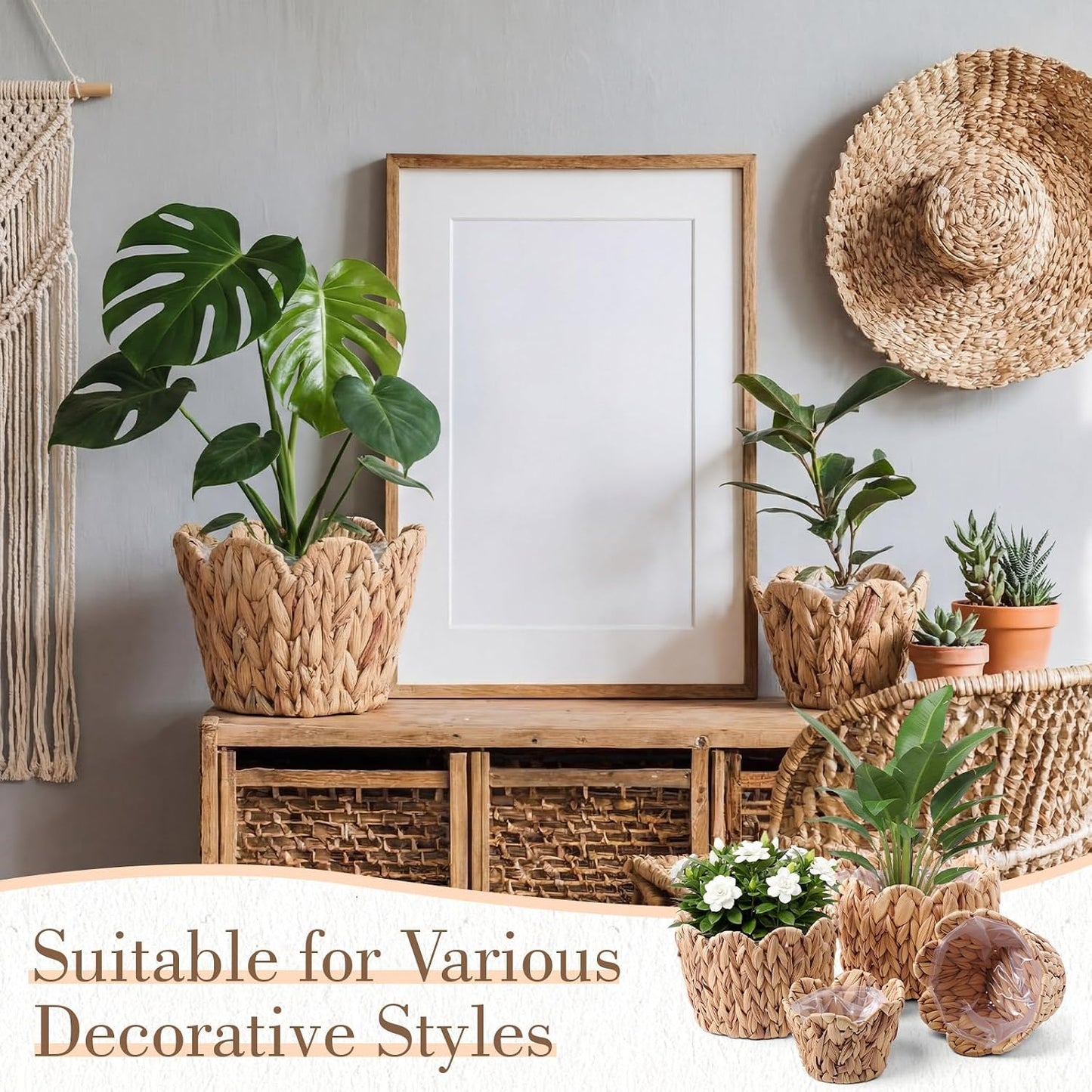 Scalloped Wicker Plant Basket Water Hyacinth Plant Baskets Hand Woven Flower / Untrim / Set of 4