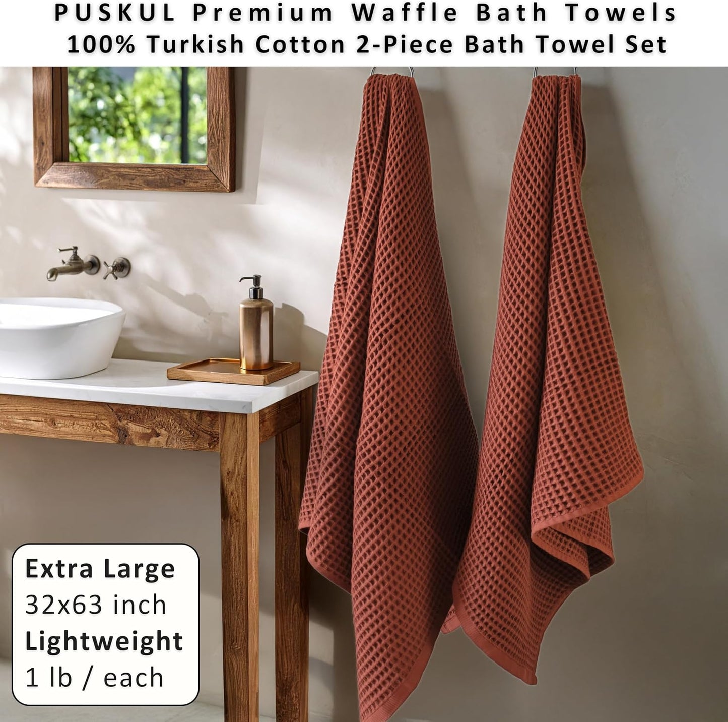 PÜSKÜL Natural 100% Turkish Cotton Waffle Bath Towels Set of 2, Extra-Large | Brick-Red, Oversize 32x63" Bath sheet