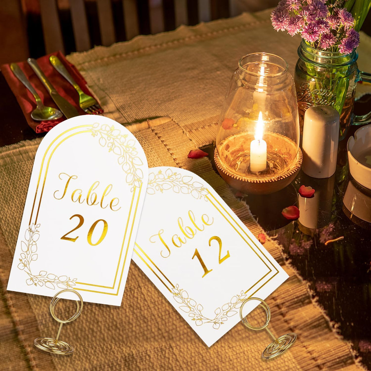 Wedding Table Numbers 1-40, 40 White Gold Table Number Cards with 40 Gold Table Number Holders, 1 Set of 40 Table