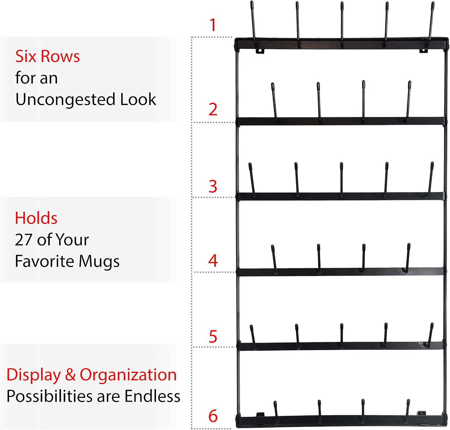 Wall Mounted Coffee Mug Rack - Large Rustic Black Iron Steel Kitchen Rack with 6 Rows - Storage for 27 Cups - Jar &