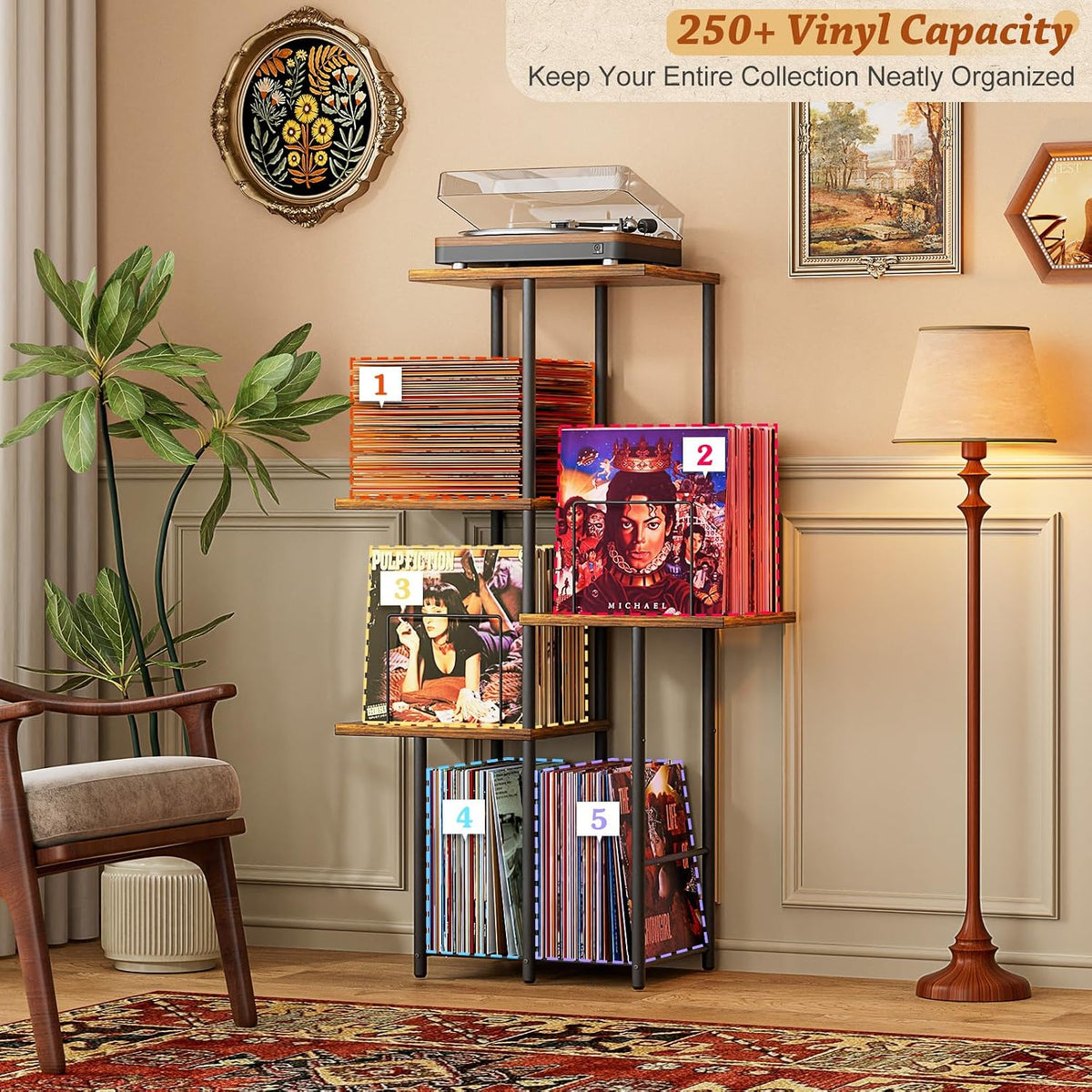 Record Player Stand, Vinyl Record Storage Holder with Display Shelf, Turntable Stand Table with Vinyl Organizer
