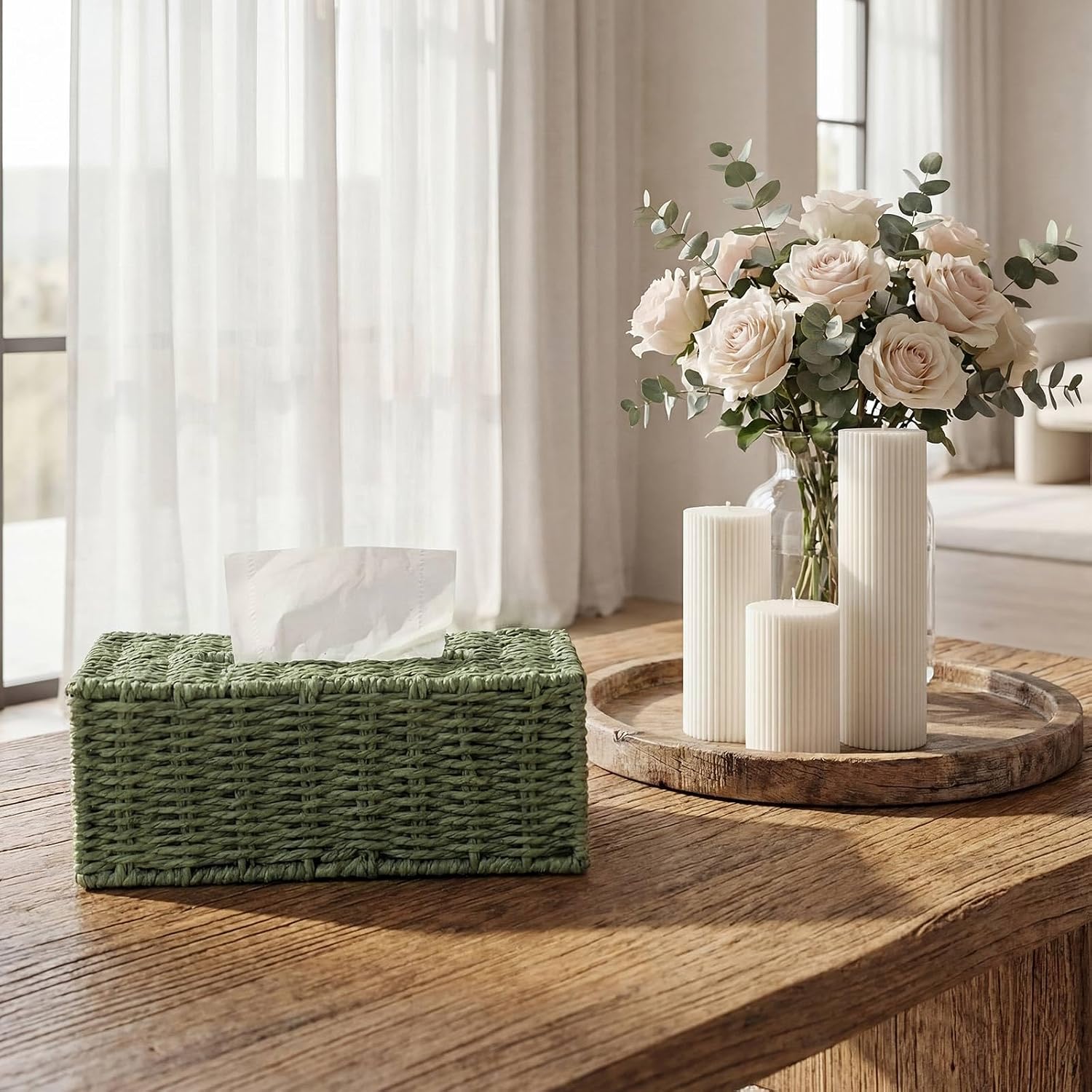 Tissue Box Cover Natural Paper Rope Hand Tissue Box Holder / Sage Green / Woven / Rectangle