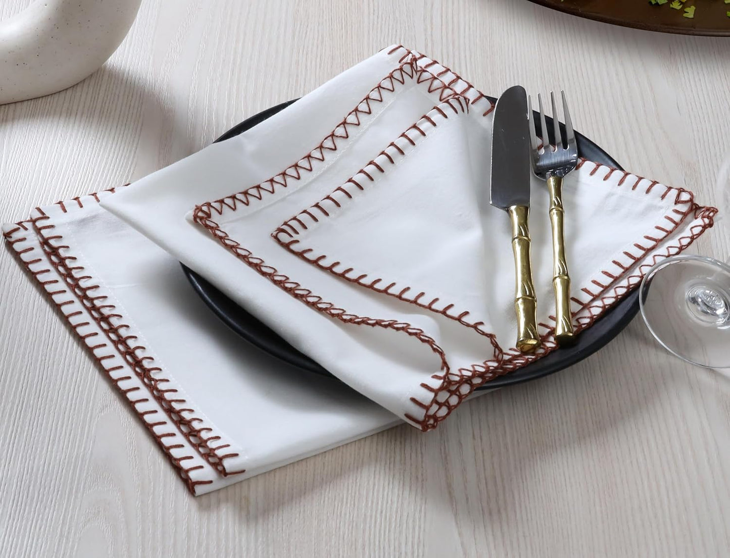 Bedding Craft Cotton Cloth Dinner Napkins Set of 12 – 18x18 Chili Oil Red Cloth Napkins with Blanket Stitch Selvedge –