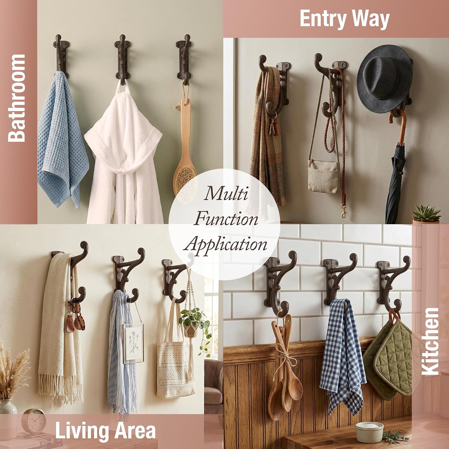 Rustic Cast Iron Coat Hooks Rustic Dark Brown / Large Ornate / Rustic Antique Brown / Set of 3