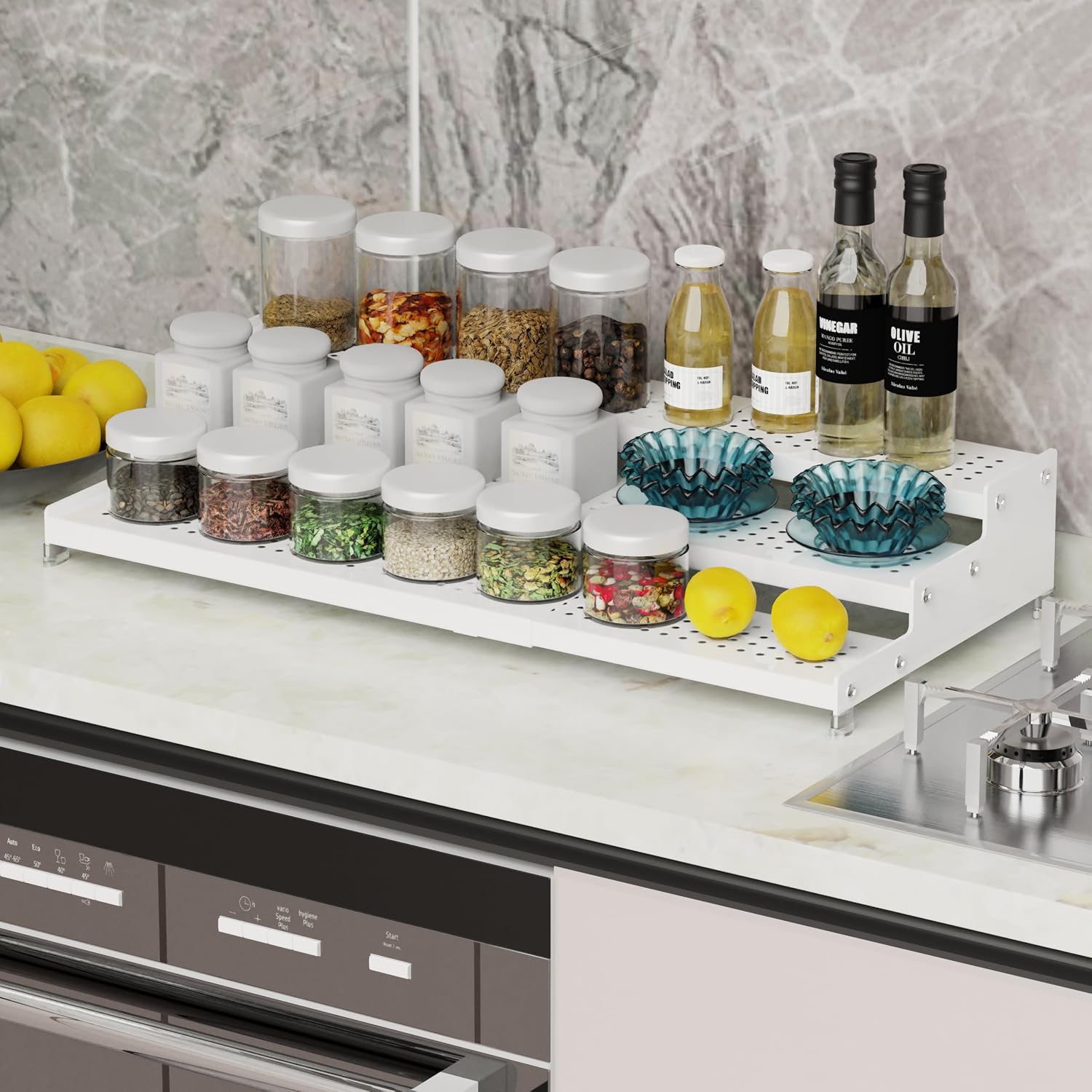 Expandable Spice Rack organizer with 3-Tier step shelf,Modern Design heavy duty,Non Skid and Visibility ,Great for