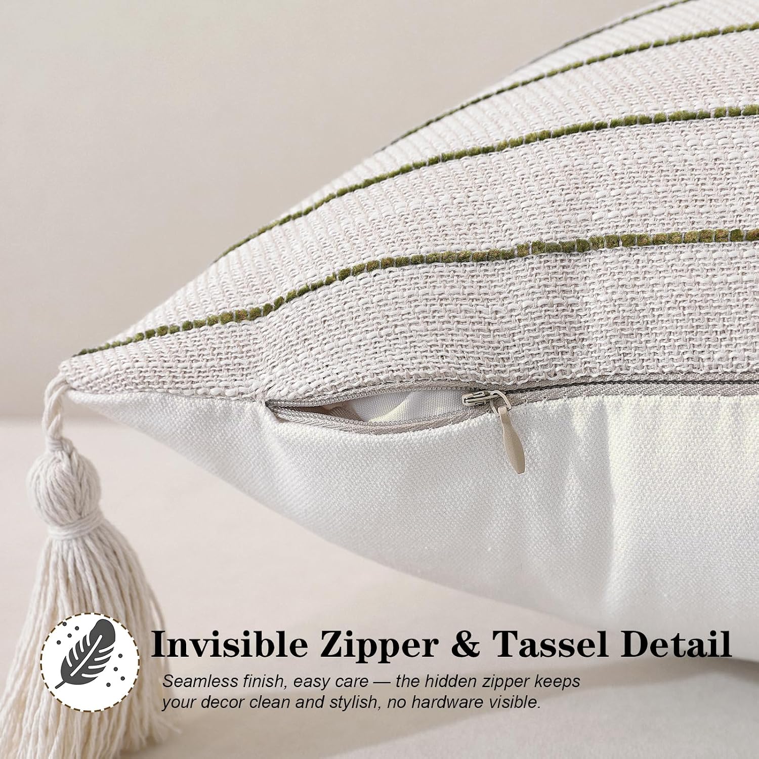 Decorative Boho Throw Pillow Covers / Dusky Green Striped / 18 x 18 / Set of 2