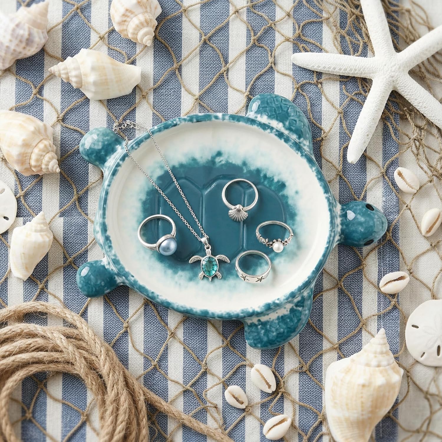 Handmade Ceramic Decorative Ring Holder Trinket Dish for Earrings Necklace Key / Blue / One Size