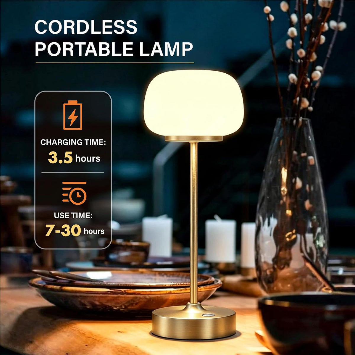 2 Pack Cordless Accent Table Lamp, 2700K Warm Light, 11" High, Gold | Opal Glass, Stepless Dimming, Portable