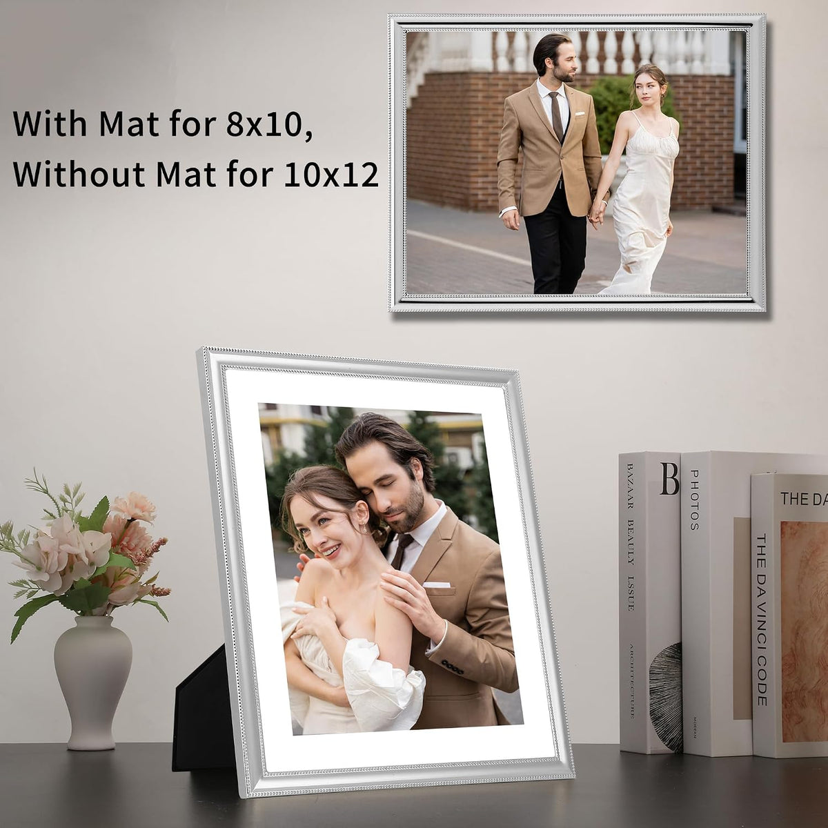 YiPinYin Classy Silver Plated 10x12'' Metal Beaded Picture Frame,with Acid Free Mat for 8x10'',Features Real Glass and