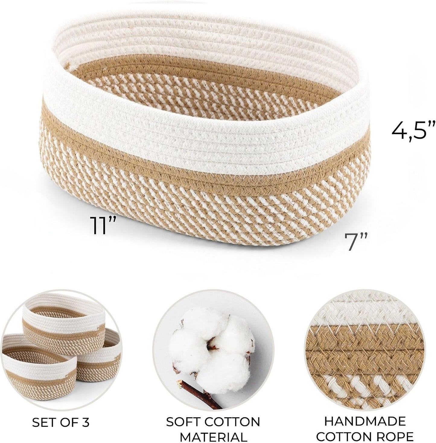 Storage Basket / Sturdy Jute Rope Baskets / Beige-brown / Set of 3