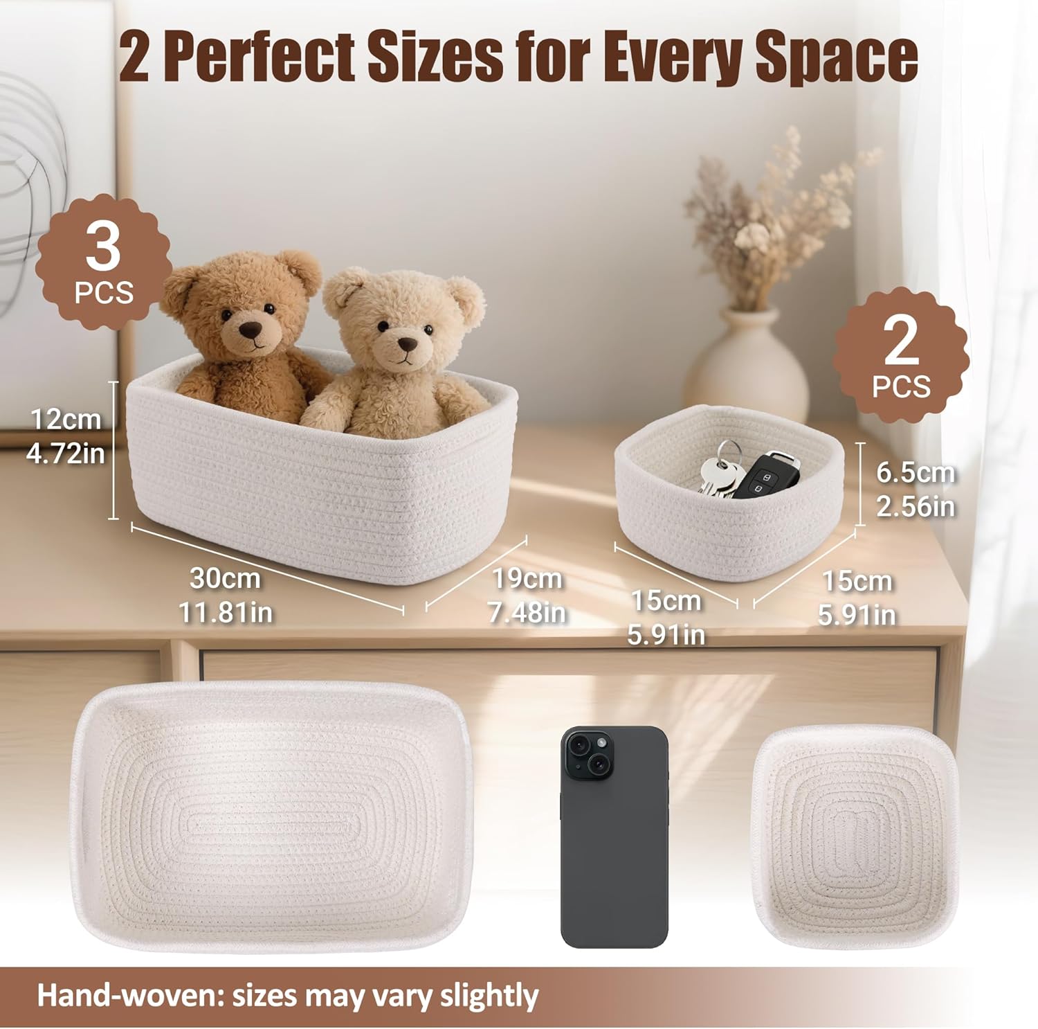 Small Woven Rope Storage Baskets / White / 11.81*7.48*4.72'' & 5.91*5.91*2.56 / Set of 5
