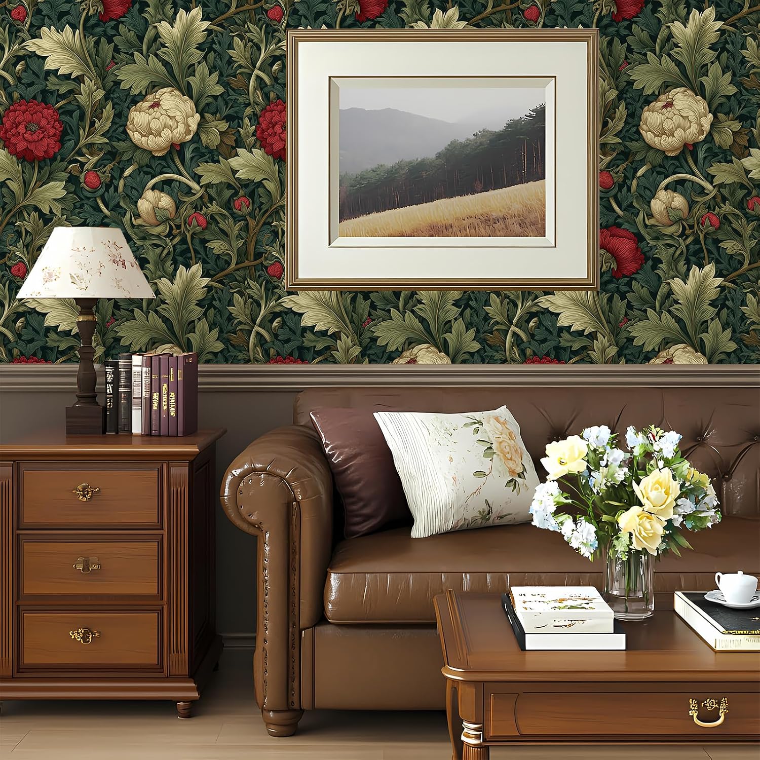 Peel and Stick Boho Art Woody Wallpaper Botanical Leaf Removable / 17.7 x 118.1 / Green/beige/red