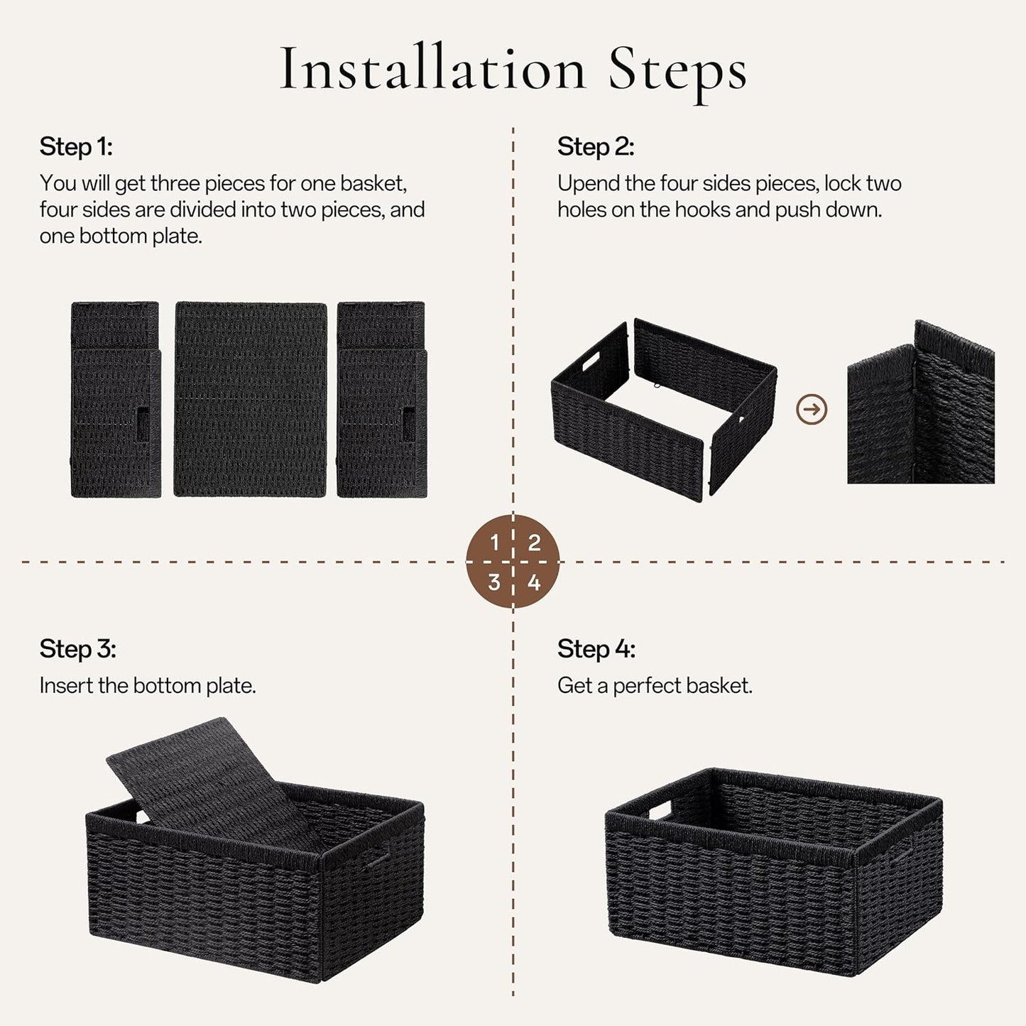 Wicker Basket / 13.4Lx8. W Woven Paper Rope Storage Baskets / Black / Medium / 3 x 7.1 / Set of 2