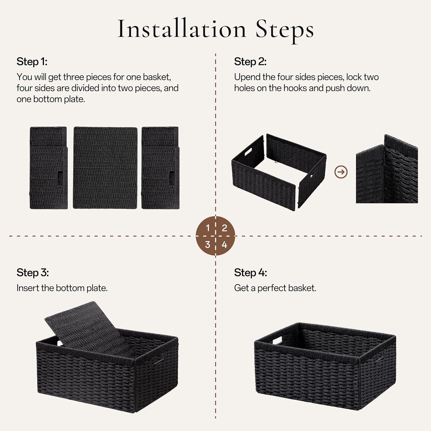 Wicker Basket / 13.4Lx8. W Woven Paper Rope Storage Baskets / Black / Medium / 3 x 7.1 / Set of 2