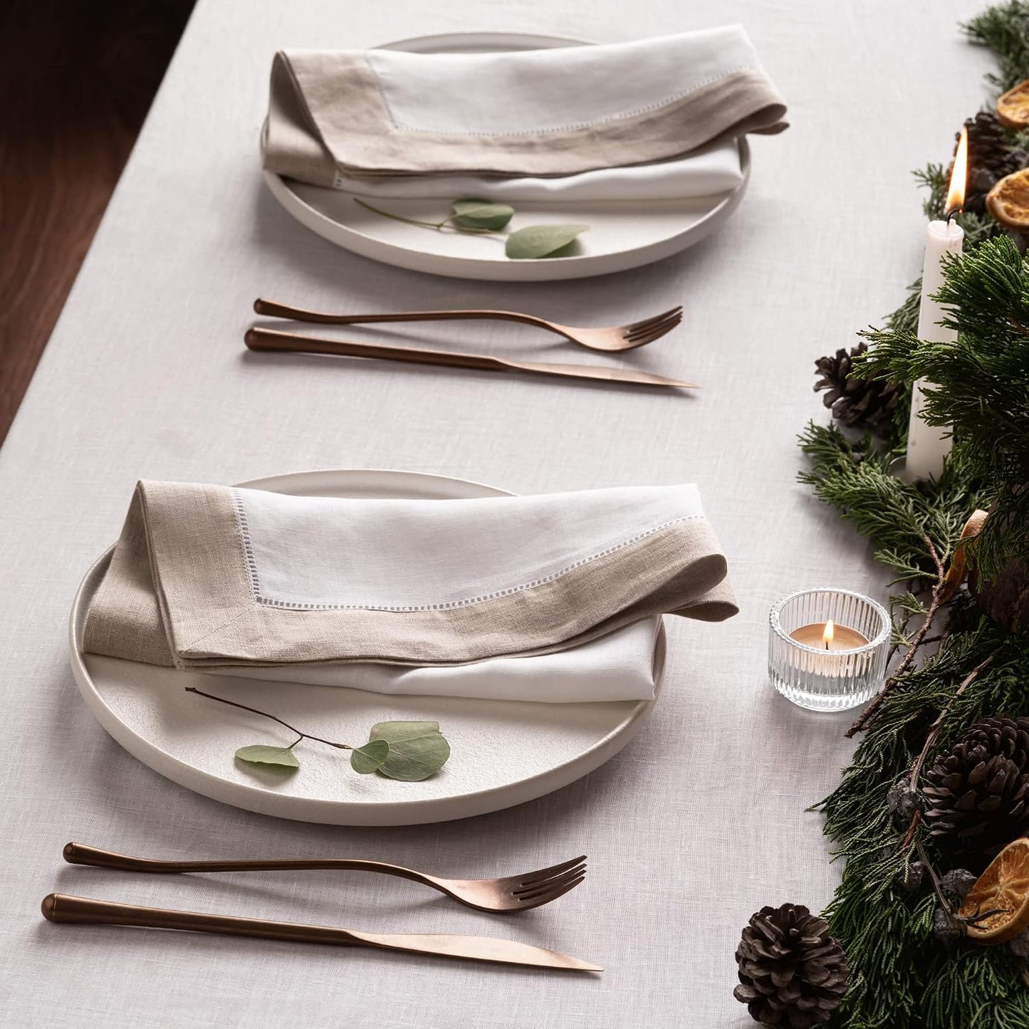 Linen Napkins 20 x 20 inch - 100% Pure Linen White and Natural Dinner Napkins Set of 4 - Hemstitch Napkins Cloth