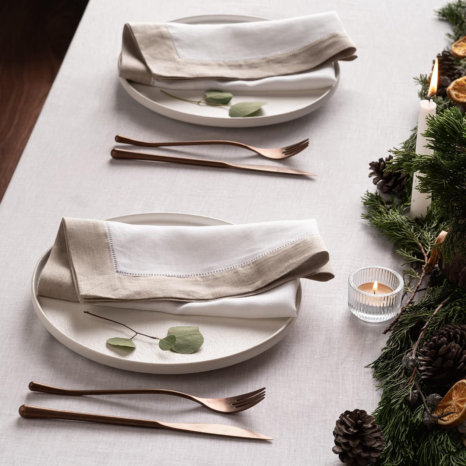 Linen Napkins 20 x 20 inch - 100% Pure Linen White and Natural Dinner Napkins Set of 4 - Hemstitch Napkins Cloth