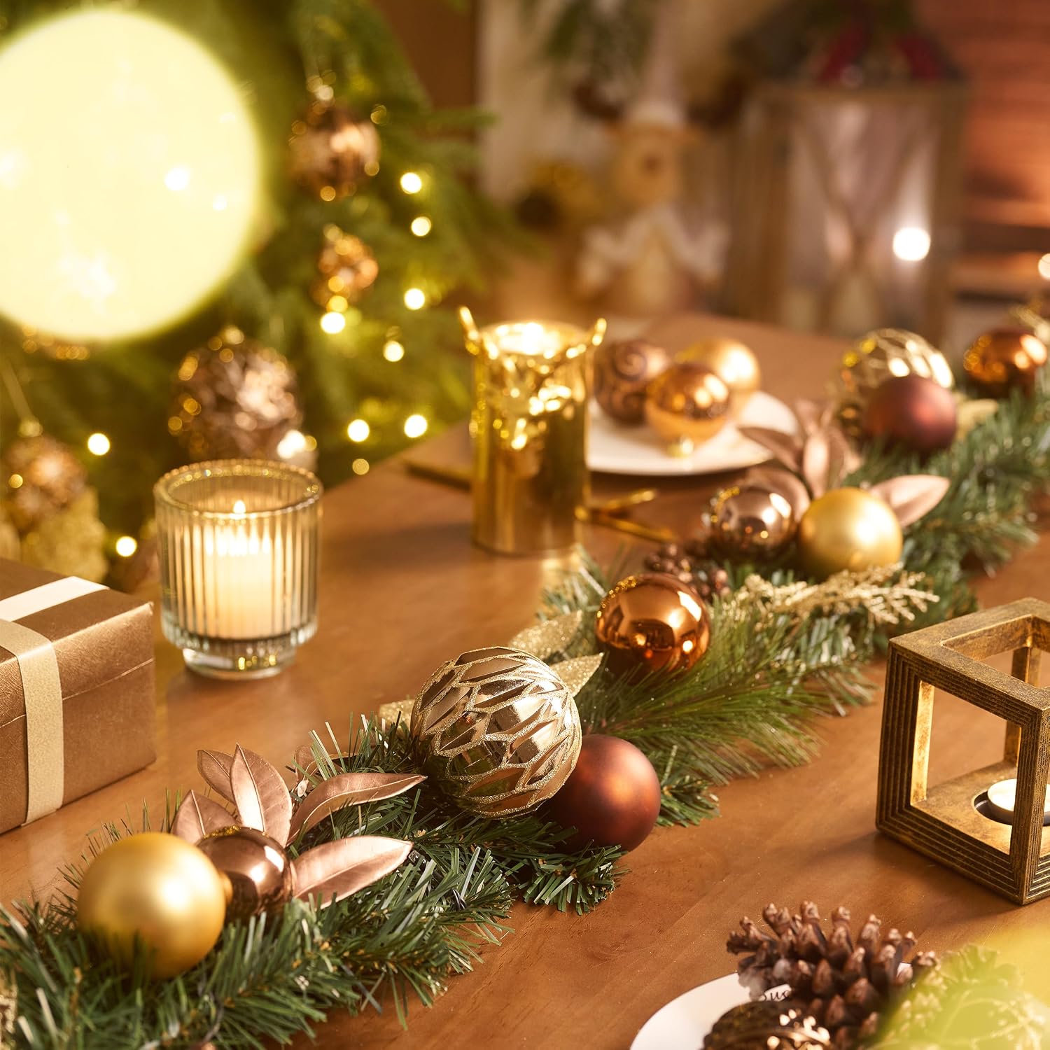 Valery Madelyn 6 Ft Pre-Lit Christmas Garland with Lights for Mantle, Lighted Outdoor Xmas Garland with Copper Gold