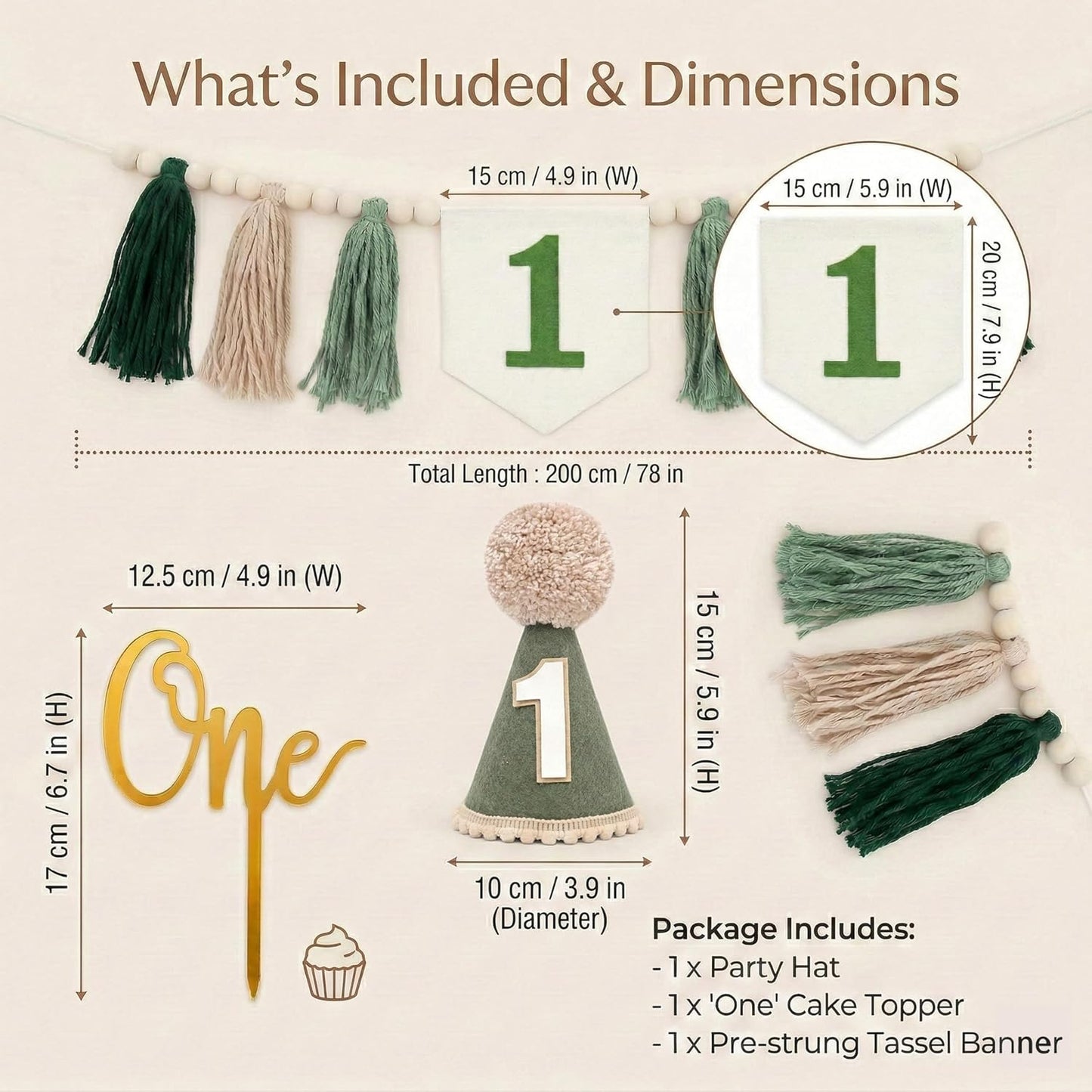 Cone Hat And Cake Topper Wood Bead Tassel Garland First Birthday Decorations / Green
