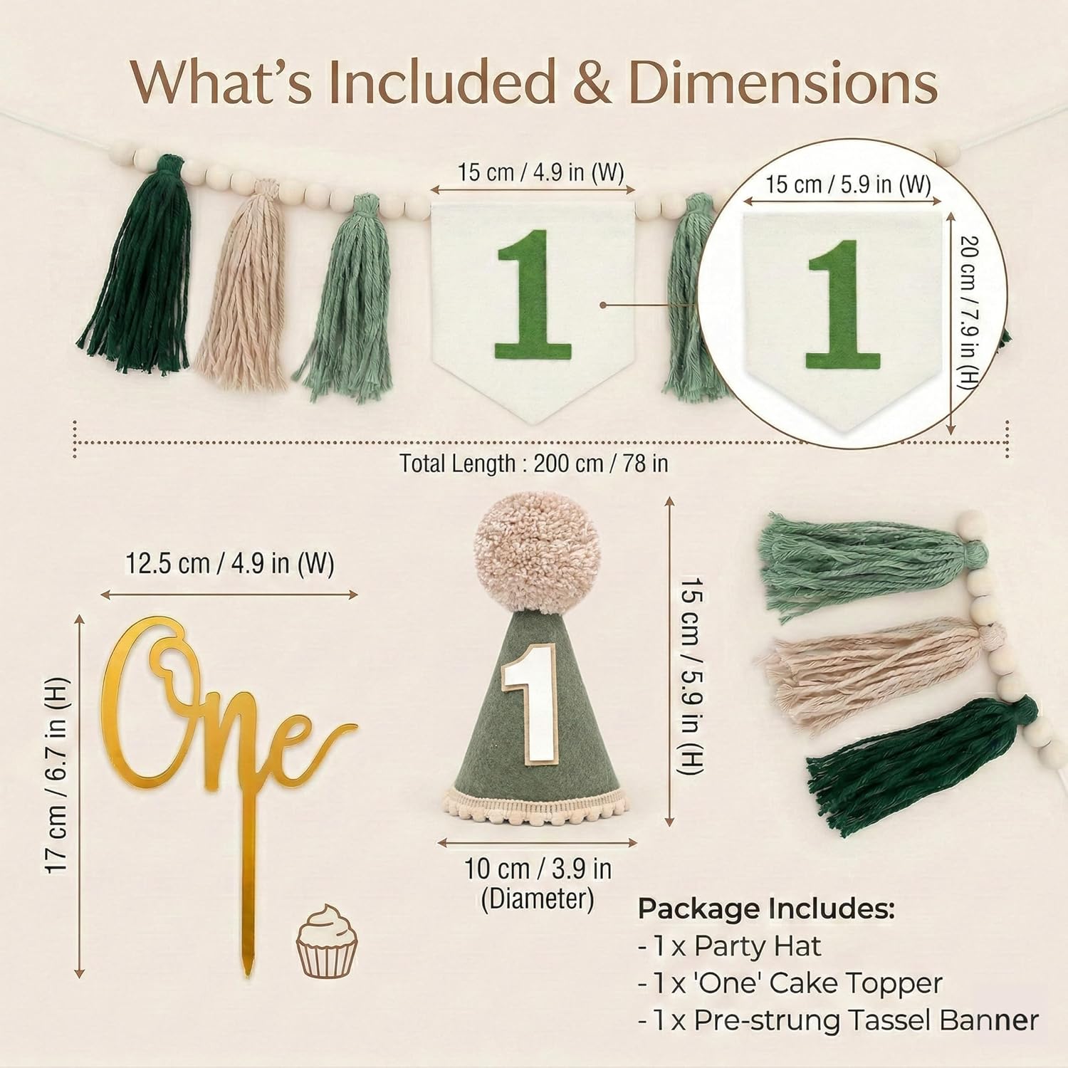 Cone Hat And Cake Topper Wood Bead Tassel Garland First Birthday Decorations / Green