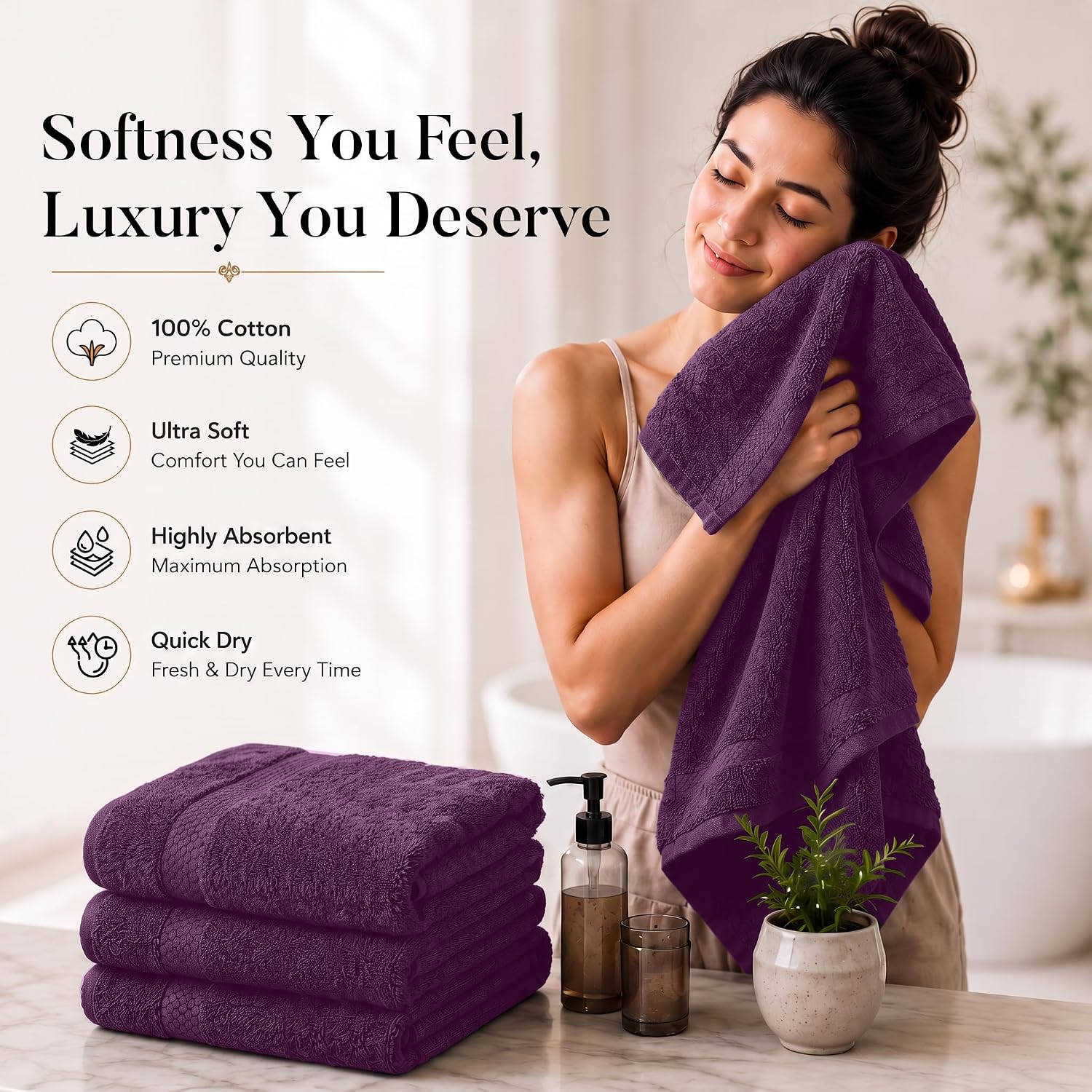 DAN RIVER 600 GSM Cotton Large Bath Towels Set of 4, 27 x 54 Inches, Purple | Larger & Lighter Weight Towels for