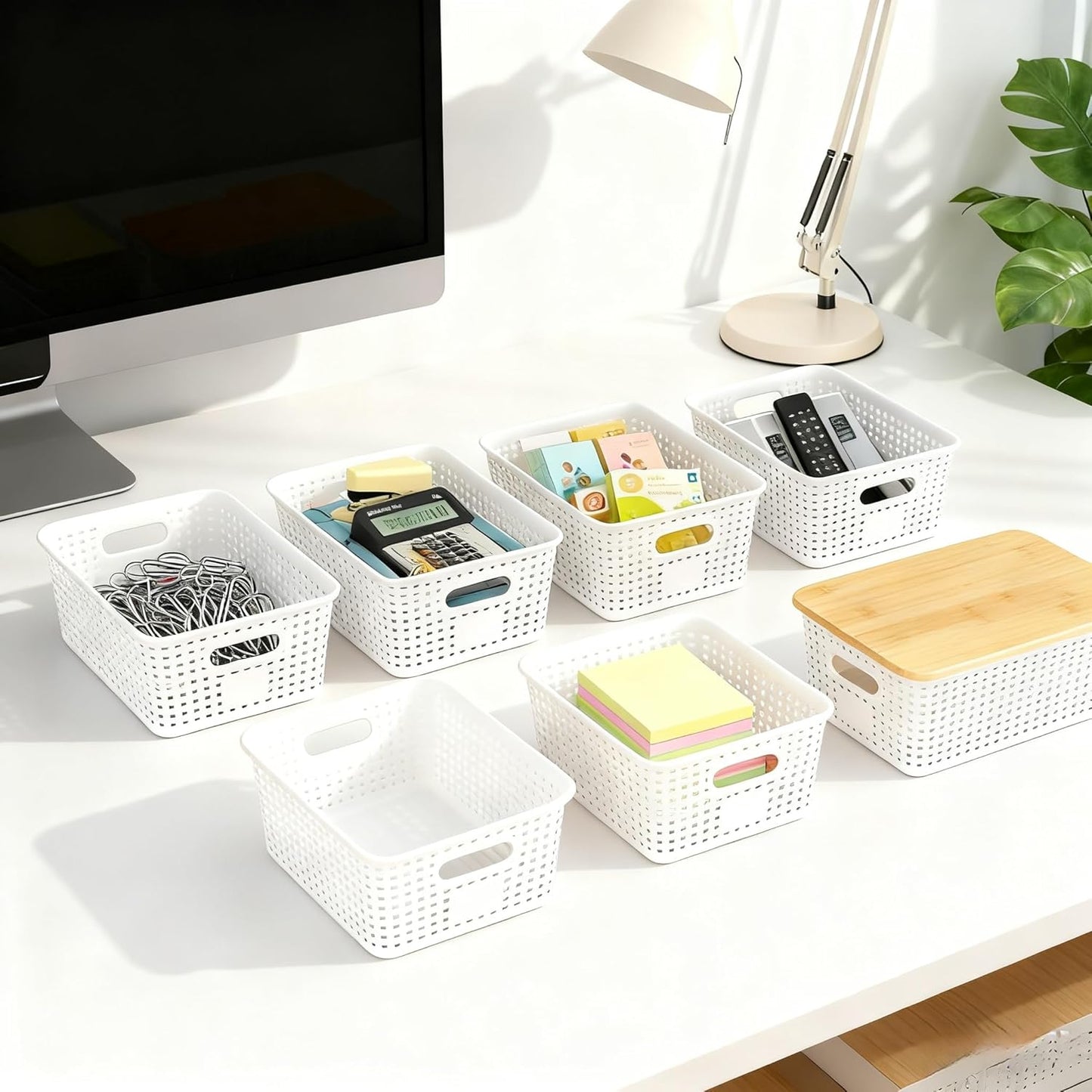 Storage Bins / Stackable Plastic Storage Basket / Cream White / Set of 6