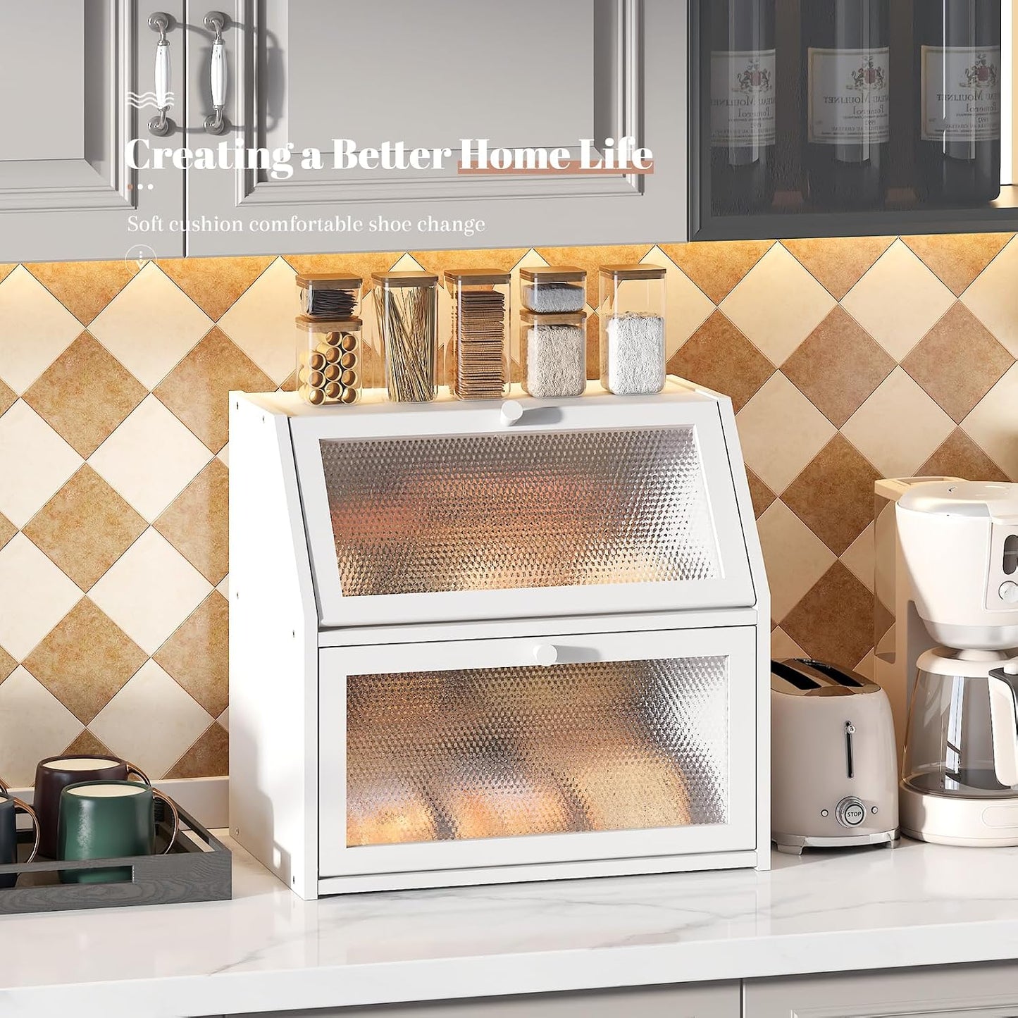 STDDRE Bread Box for Kitchen Countertop Bin Double Layer Bread Box Storage Container Extra Large Capacity with Diamond