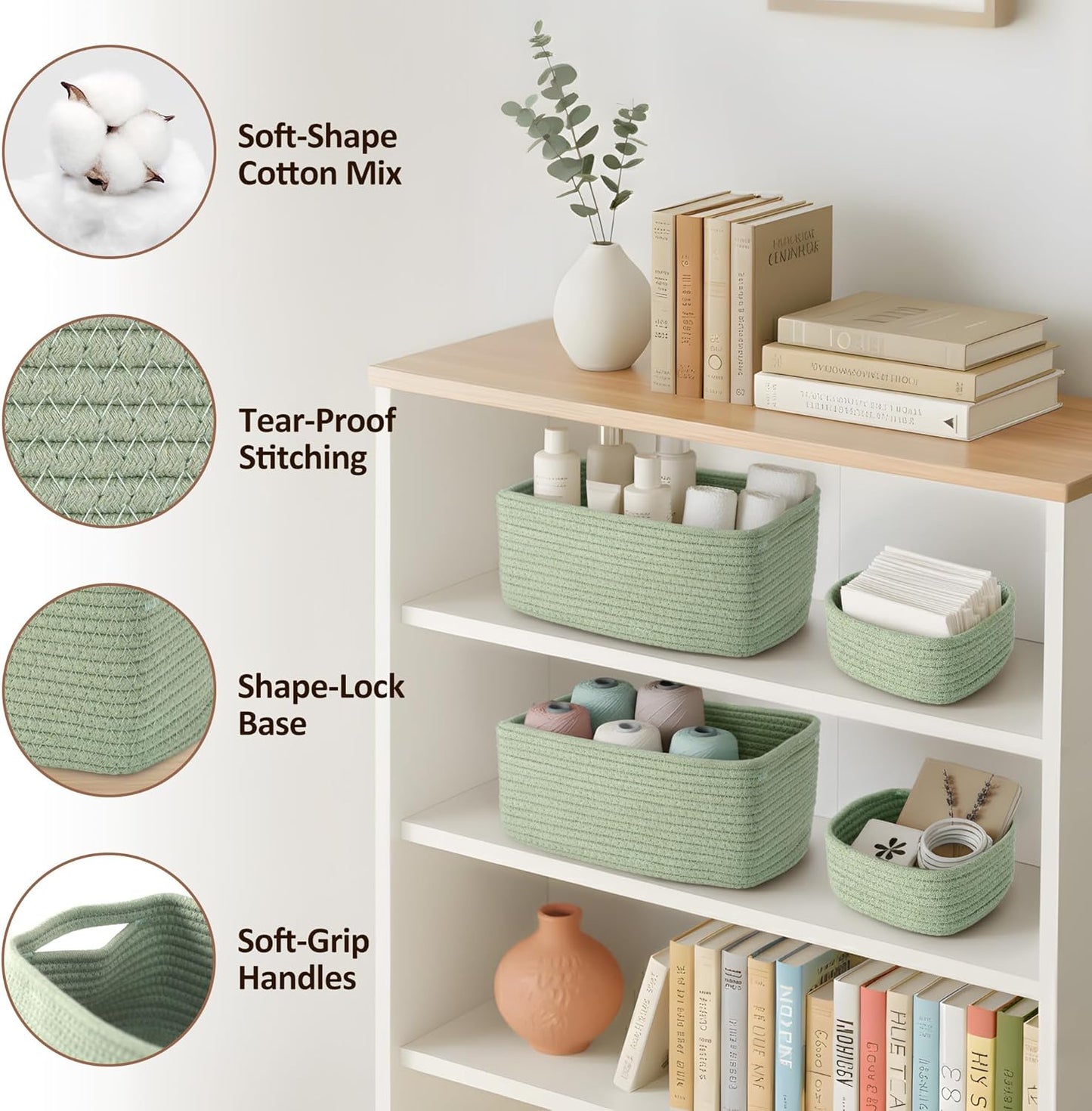 Small Woven Rope Storage Baskets / Green / 11.81*7.48*4.72'' & 5.91*5.91*2.56 / Set of 5
