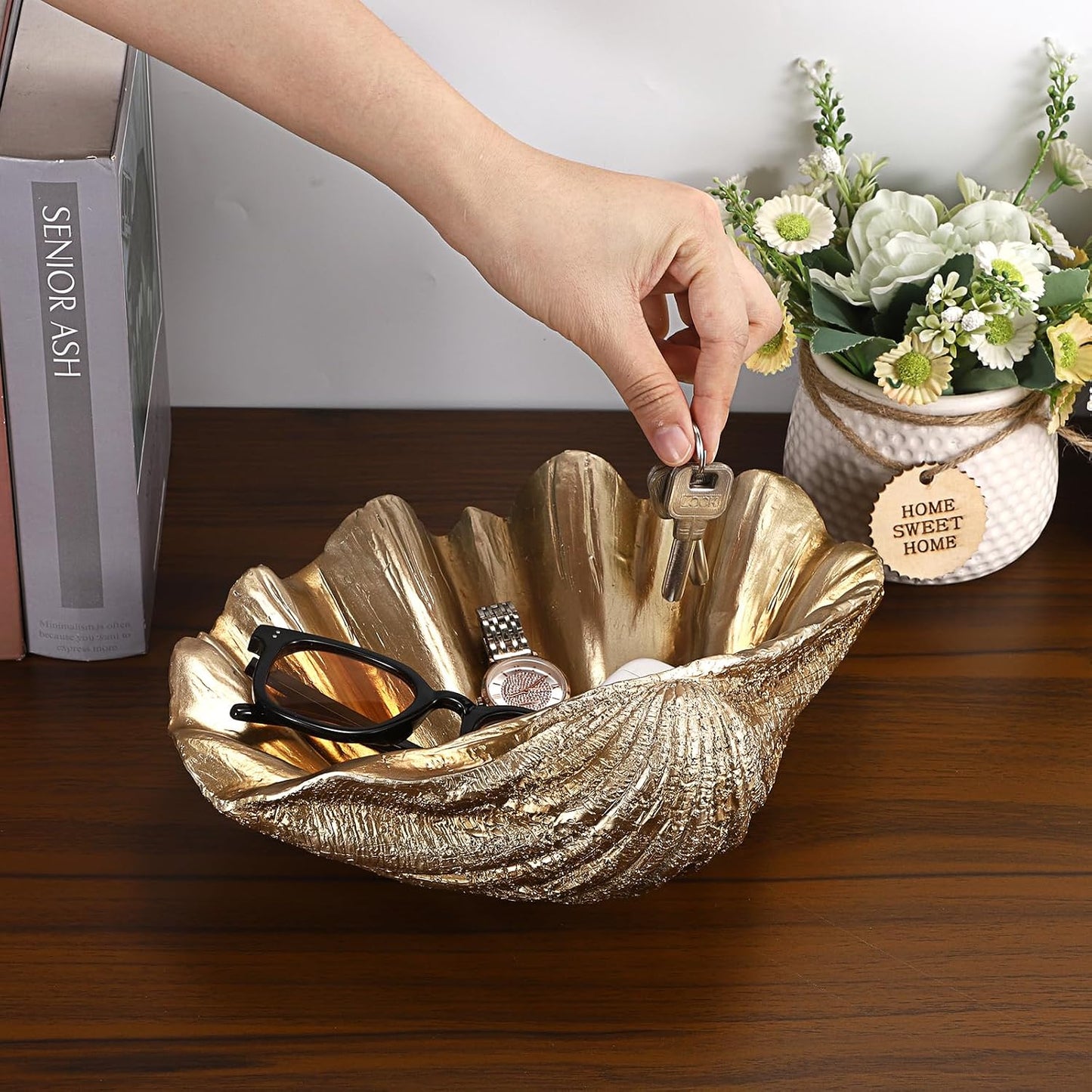 Decorative Key Bowl for Entryway Table Resin Clam Shell Bowl Coastal Beach / Gold / 9.8 x 8.3 x 3.5